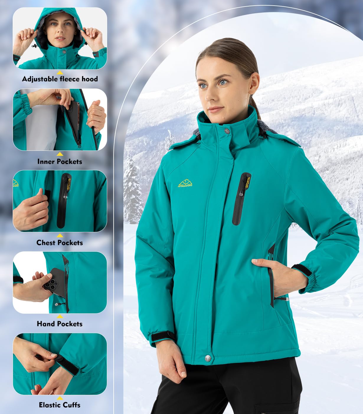 donhobo Damen Outdoor Winterjacke Winddichte Wasserdicht Softshell Jacke Warm Fleece Skijacke Funktionsjacke mit Abnehmbarer Kapuze