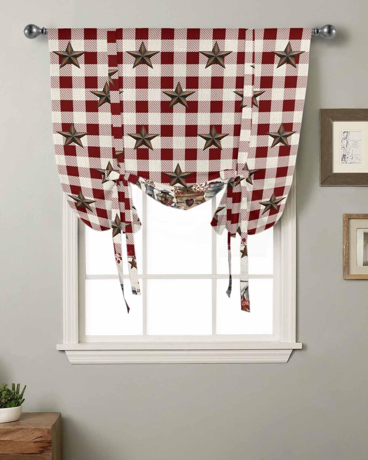 Farm Red Tie Up Curtains for Windows 45 Inch Length Balloon Curtains Kitchen Adjustable Balloon Window Shade Brown Western Texas Star Red Plaid Country Tie Up Valance Bathroom Curtain Window 34