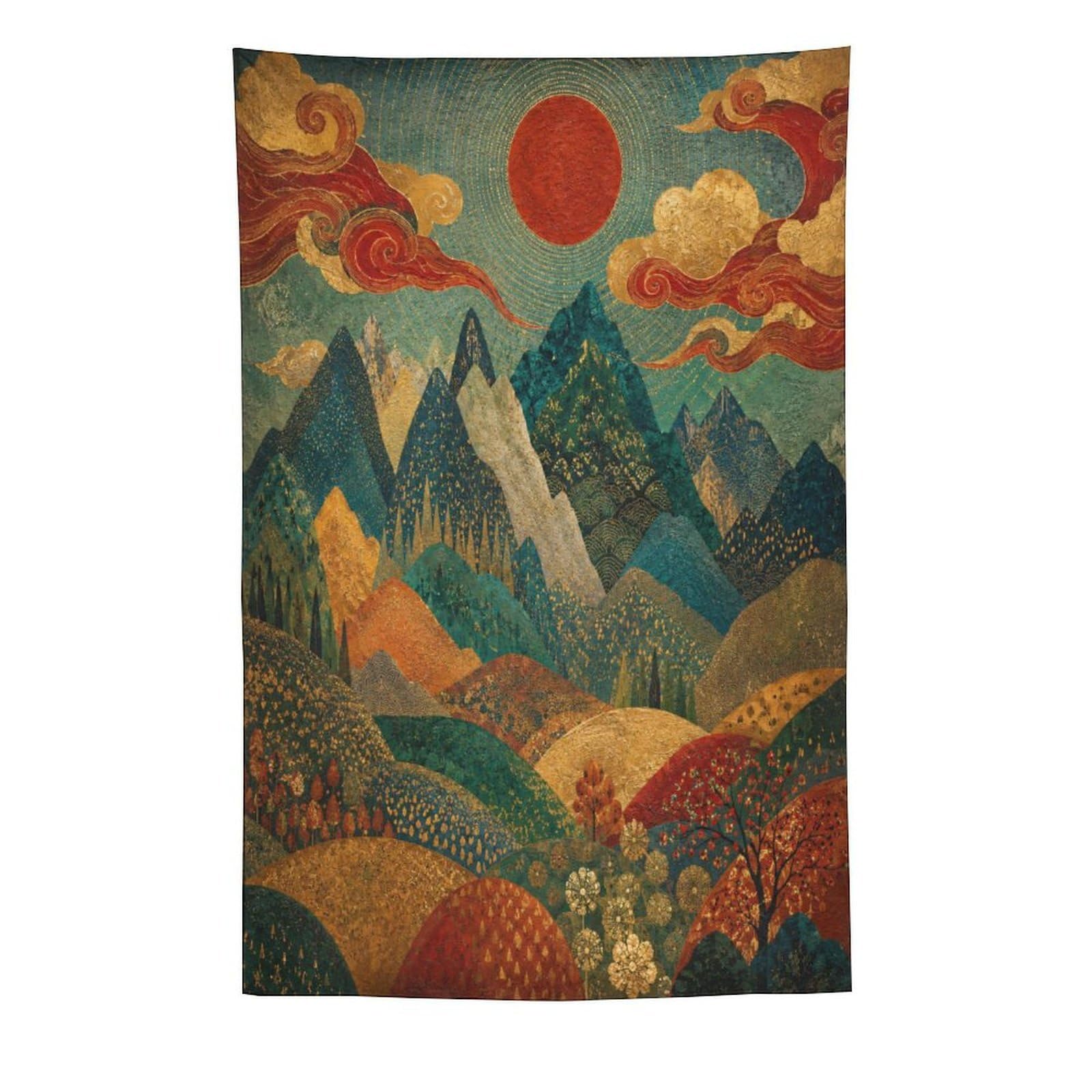 H3B8U2Y5 Mountain Valley Sunrise Wall Tapestry, Ukiyo-e Style, Entryway