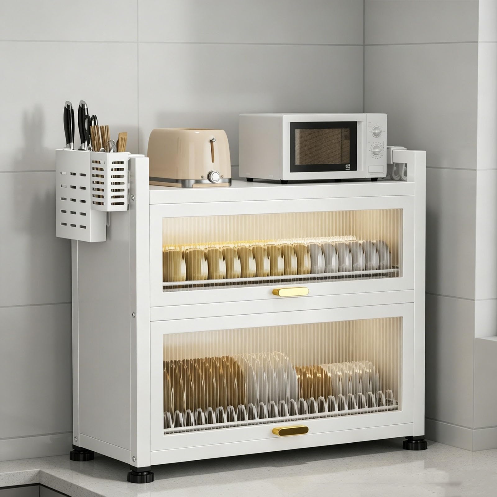 Organizador de fregadero de cocina con puerta abatible, estante de almacenamiento de 2 niveles, estante ajustable para platos, vasos, cuencos y cubiertos, organizador de cocina multifuncional