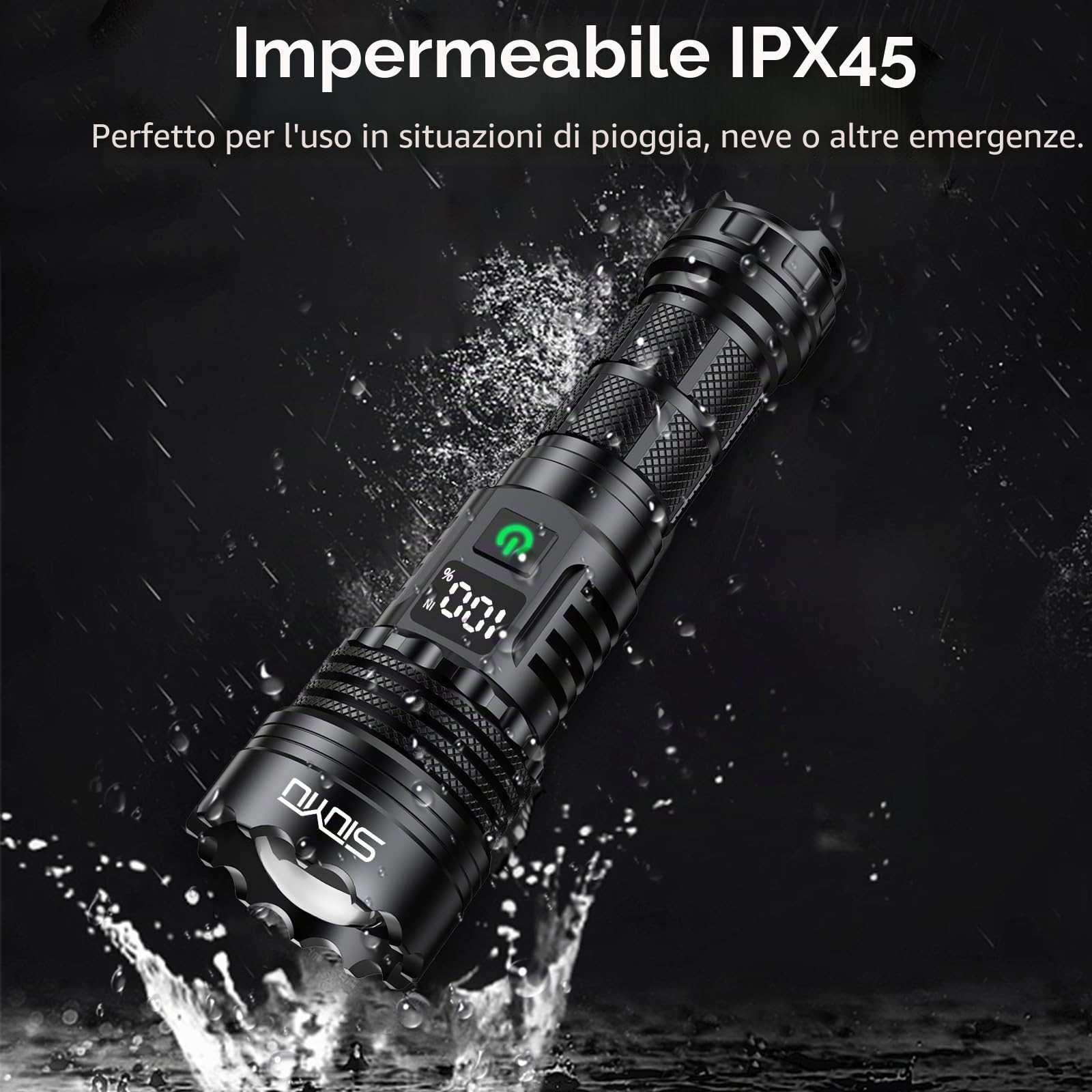 Torcia Tattica ad Alta Luminosità, Ricaricabile, 3000 Lumen Torcia Led Potente, Impermeabile IPx45, 5 Modalità di Luminazione, per Campeggio, Emergenza, Esterni, Casa