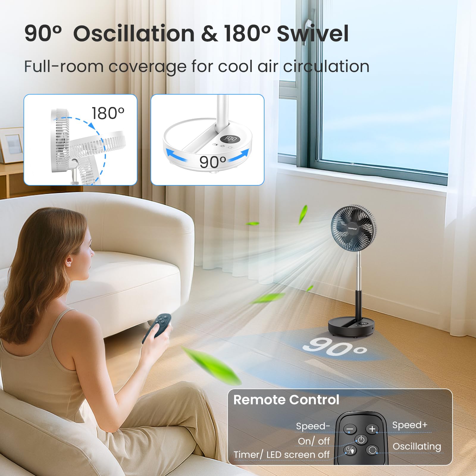Ventilador de pie portátil, ventilador oscilante recargable de 8000 mAh con control remoto, ventilador de pie silencioso con temporizador de 1 a 8 horas, ventiladores de escritorio plegables 5