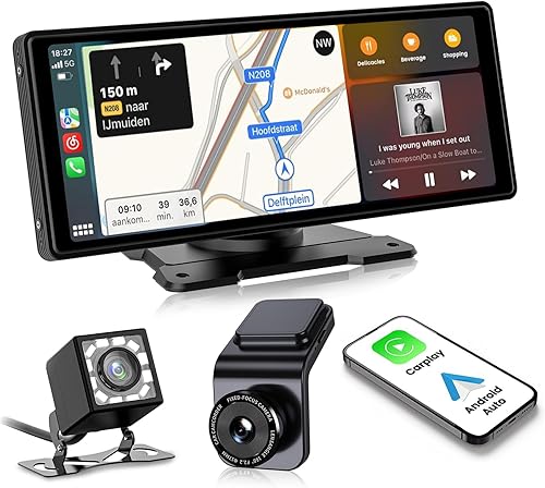 ACTASIAN Estéreo portátil para automóvil con Carplay inalámbrico y Android Auto, radio de coche de 10.26 pulgadas con cámara de tablero HD, cámara