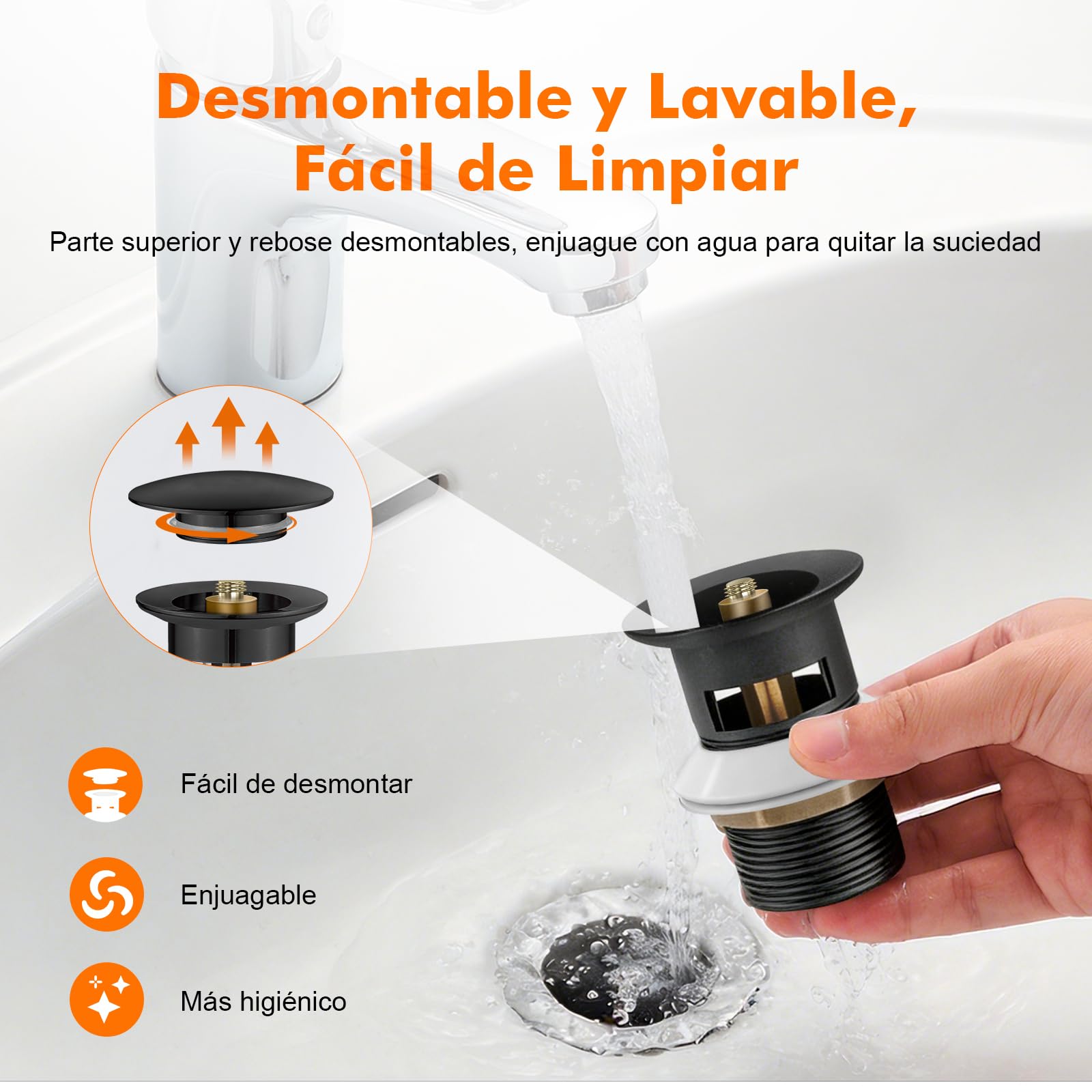 Ibergrif Tapón Pop Up Lavabo con Rebose, Válvula Desagüe Click Clack para Lavabo con Rebosadero, Tapón de Drenaje Latón Negro Mate, Instalación Sin Herramientas, Compatible Ø41-50 mm, M20502B