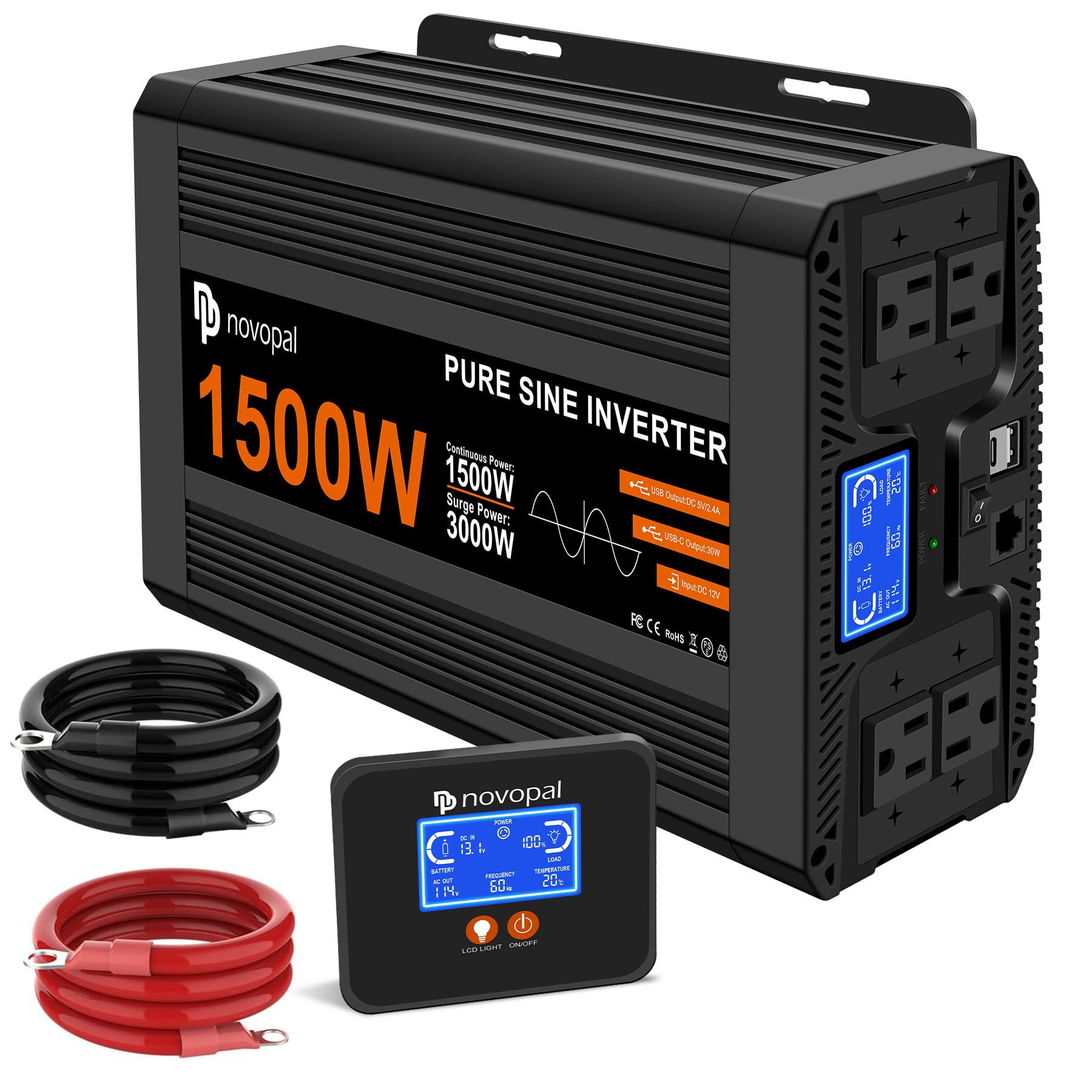 Novopal 1500 Watt Pure Sine Wave Inverter DC 12V to 110V 120V AC for Home, RV, Truck, Off-Grid Power Inverters with Built-in USB/Type-C,4 AC Outlets,Remote Control and Dual LCD Display (Upgrade)