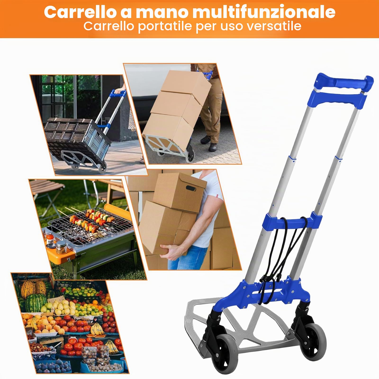 MAXBROTHERS Carrello di Trasporto Pieghevole in Alluminio, con Manico Telescopico 100cm, Ampio Vassoio Antiscivolo, Portata 165lb, 2 Ruote in TPR. Include 1 Cavo Retrattile