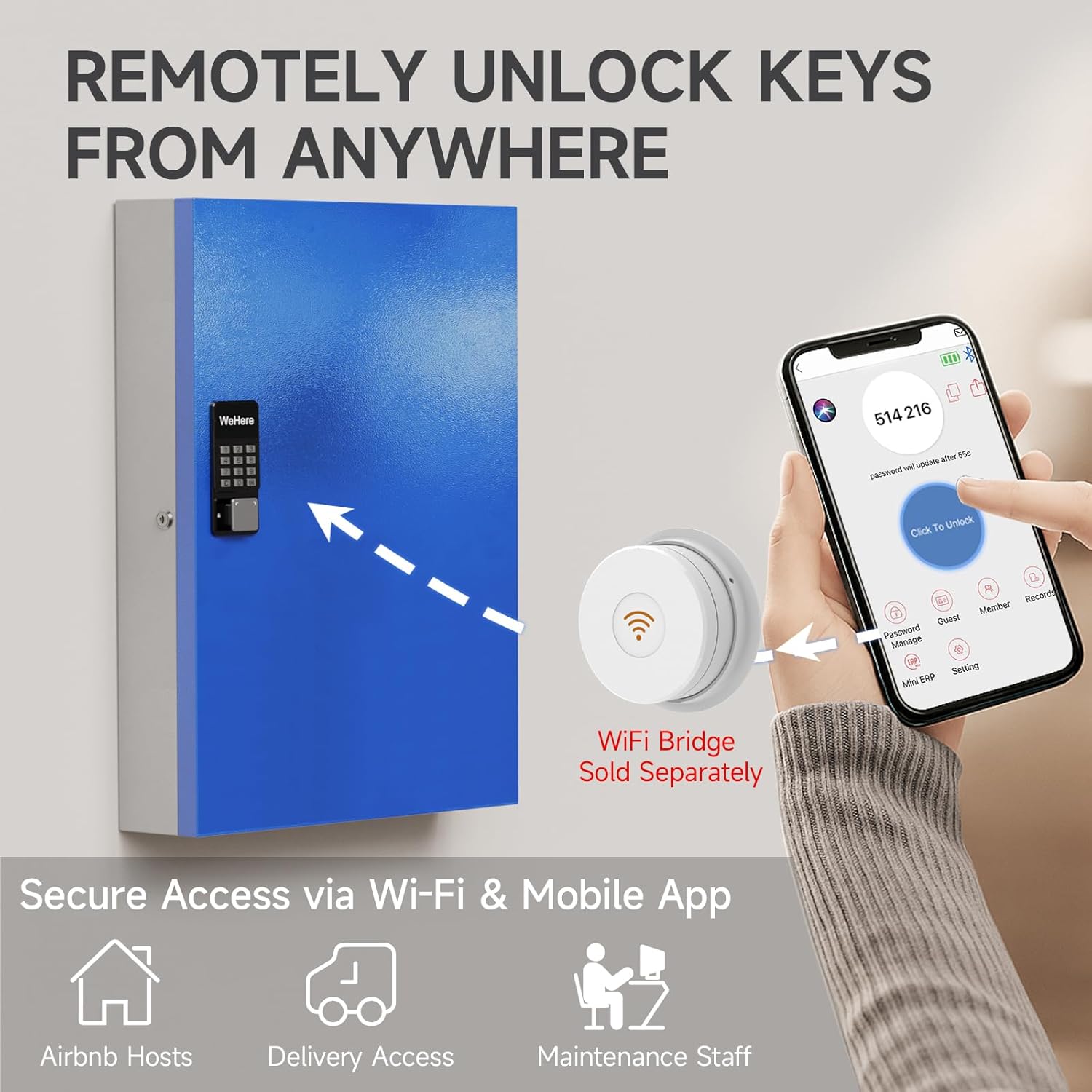 WeHere 192-Key Smart Key Lock Box Wall Mount – Commercial Key Cabinet with App, Keypad, Bluetooth & WiFi Unlock (Sold Separately), Key Management System for School, Office, Property, Access Log Track