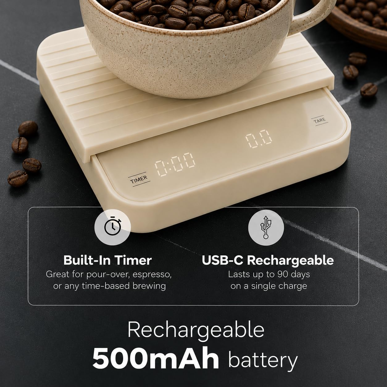 Aviora Kaffeewaage mit Timer - 0,1 g Präzisions-USB-C-wiederaufladbare digitale Espressowaage, LED-Anzeige, Tara-Funktion für Pour Over & Barista Brauen