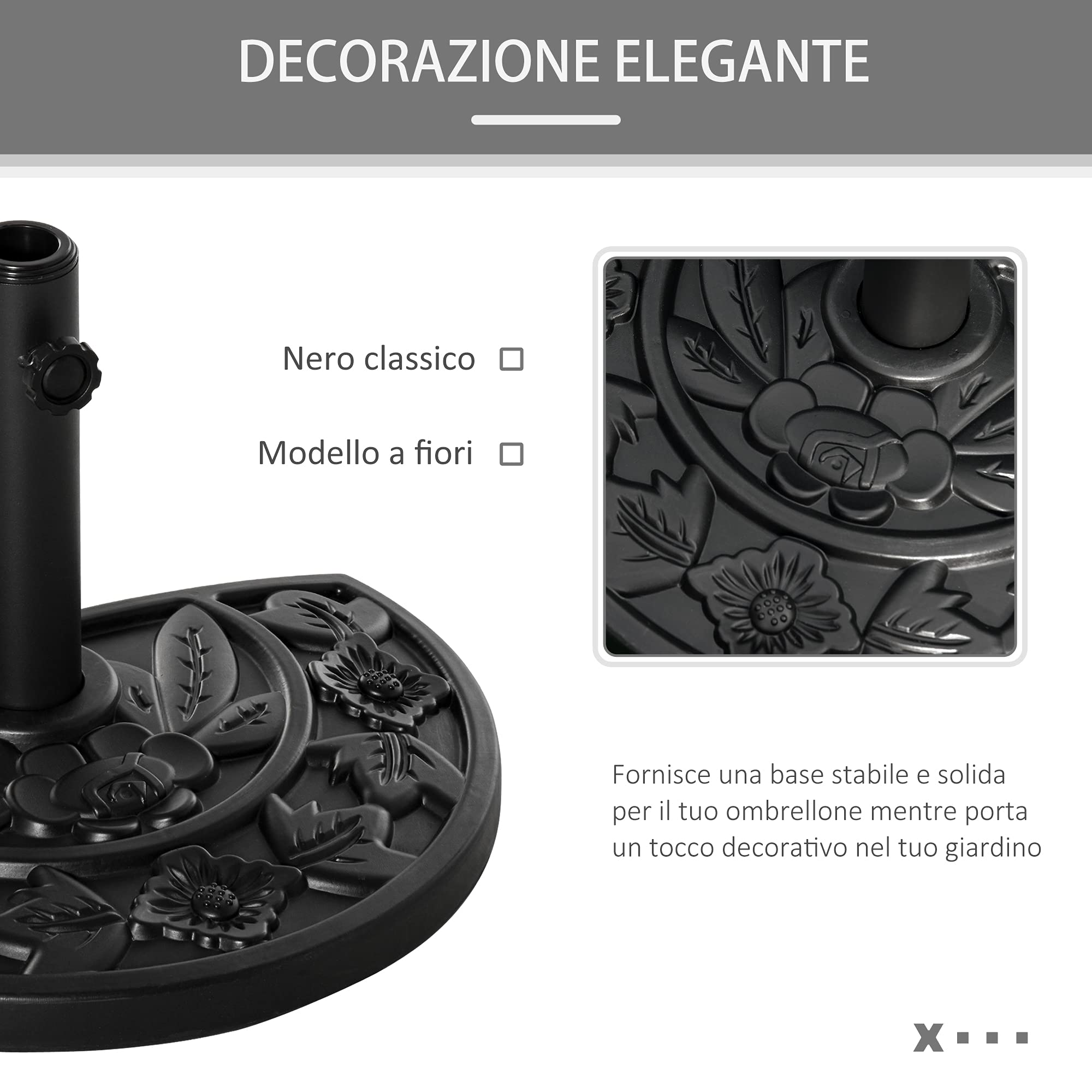 Outsunny Base per Ombrellone Semicircolare con Palo da 35/38/48 mm e Motivi Floreali, Basamento per Ombrellone in Cemento, HDPE e Metallo, Ø50x32x32 cm, Nero