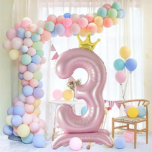 Miniatura 4 de Tellpet Globo rosa con corona número 3 con base para decoración de fiesta de tercer cumpleaños de niñas