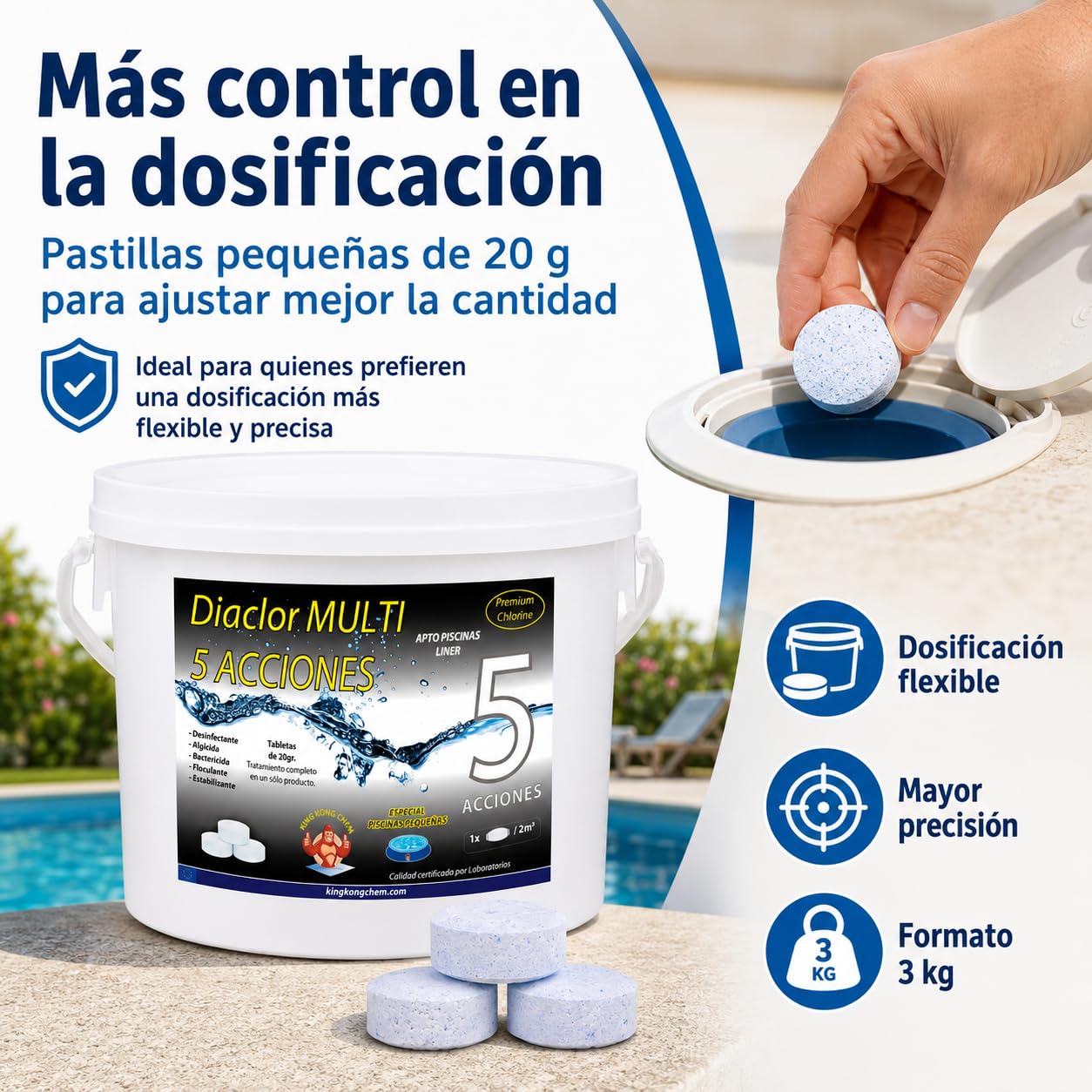 Cloro Piscinas Pequeñas DIACLOR Multi 5 ACCIONES 3 KG - Pastillas de Cloro Lento (20 gr- 3 cm Diámetro) - Tratamiento Completo Multiacción - SIN Cobre -