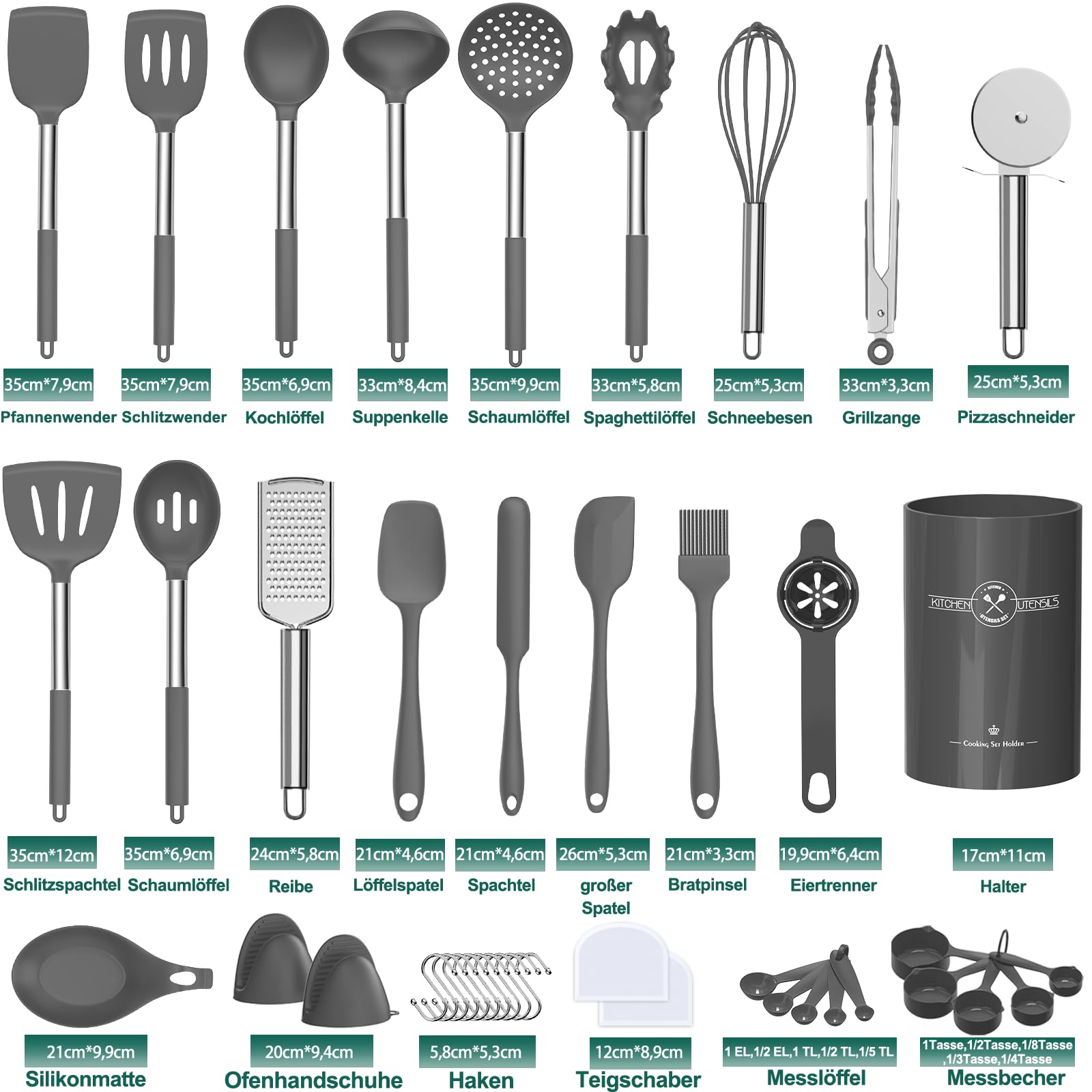 Terlulu Juego de 34 utensilios de cocina, utensilios de cocina de silicona, resistentes al calor, con soporte para utensilios, antiadherente, con mango de acero inoxidable