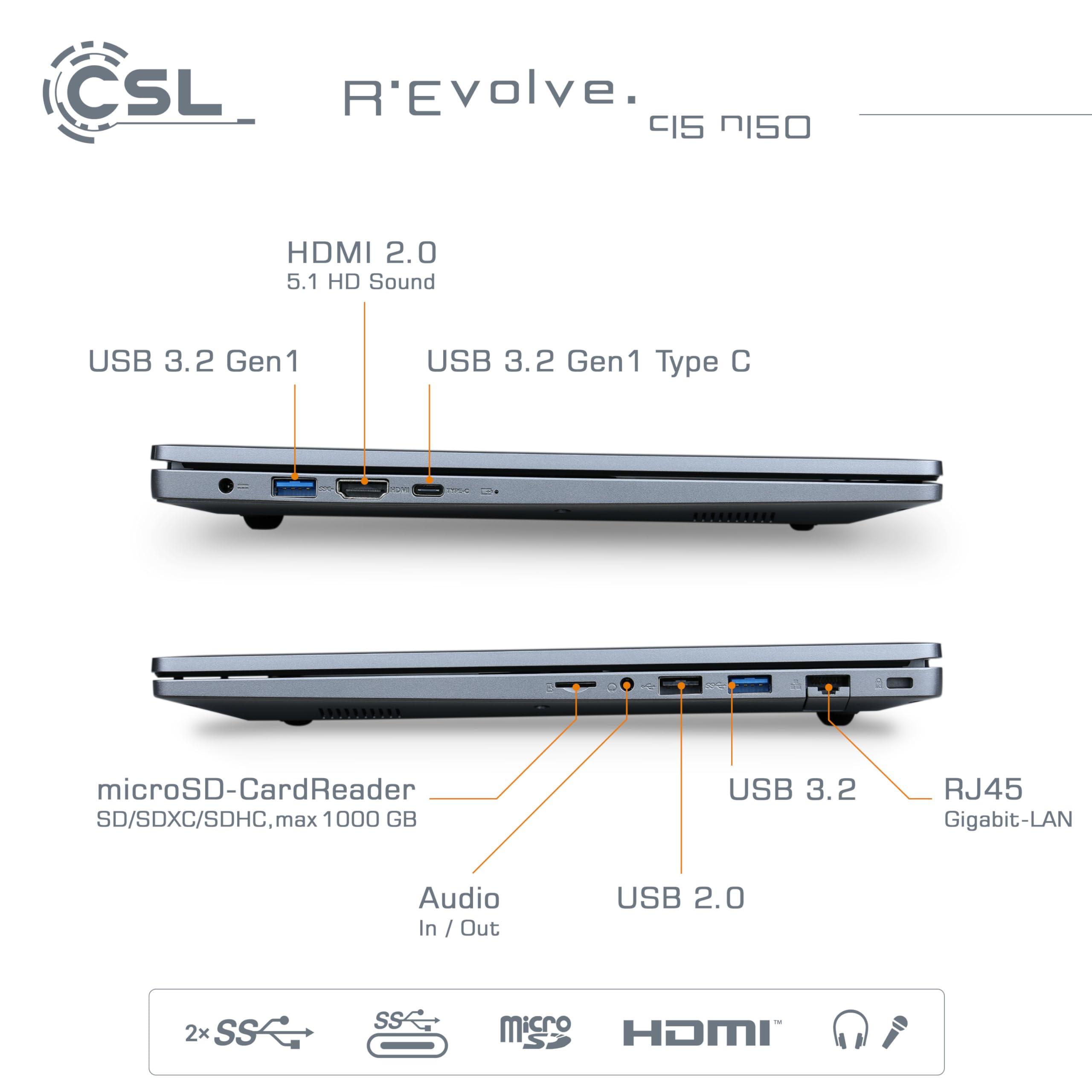 Notebook CSL R'Evolve C15 v4 Windows 11 Home - Ultra-Slim Laptop, 15,6 Zoll Display FHD 1920x1080 IPS, Intel N150 CPU 4x3600 MHz Turbotakt, 1000 GB M.2 SSD, 16 GB DDR4-RAM, USB 3.2, BT 5.1, AC WLAN