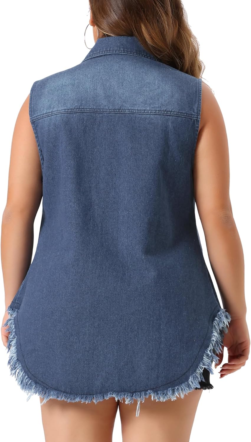 Agnes Orinda Women's Plus Size Button Up Frayed Hem Shacket Sleeveless Denim Jean Jacket Vest - Image 4
