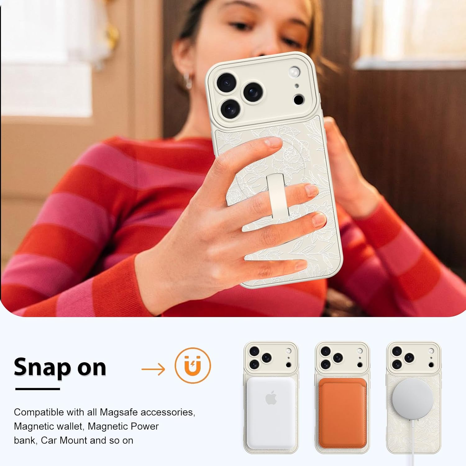 MZELQ for iPhone 17 Pro Max Case, Silicone Rose Floral Flower Cute Pattern, Support for MagSafe, Kickstand Wristband Camera Protection Soft Slim Phone Case for Girls Women -White - Image 7