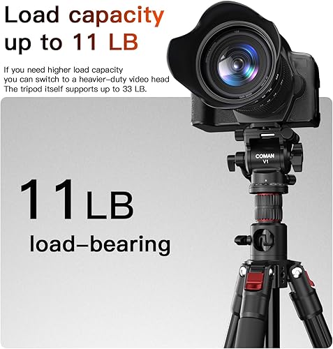 Miniatura 9 de COMAN Trípode de cámara superior de 72 pulgadas, trípode horizontal para cámara con placa QR de cabezal fluido, monopie desmontable, trípode