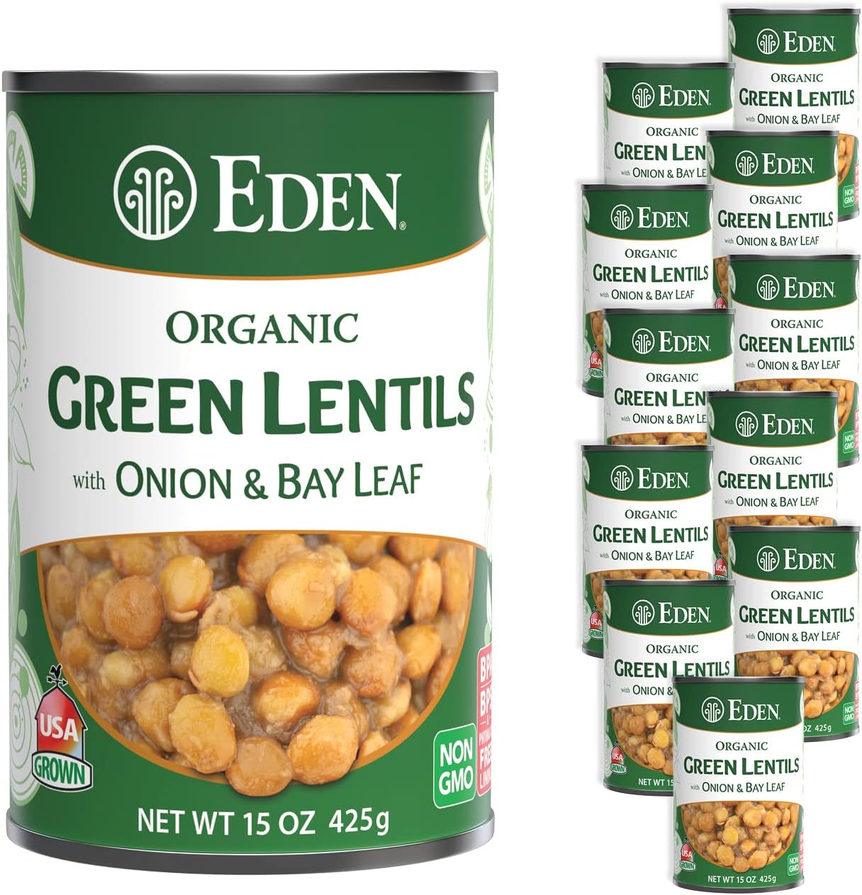 Eden Organic Green Lentils with Onion and Bay Leaf, 15 oz Can (12-Pack Case), Non-GMO, Vegan, Kosher, U.S. Grown, Heat and Serve, Macrobiotic