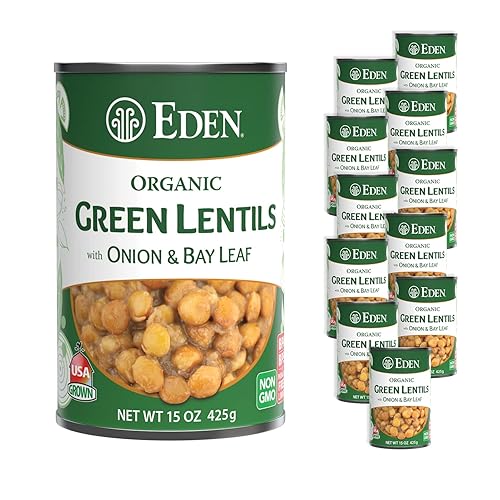 Eden Lentejas verdes orgánicas con cebolla y hoja de laurel, lata de 15 onzas (paquete de 12), sin OMG, veganas, kosher, cultivadas en Estados