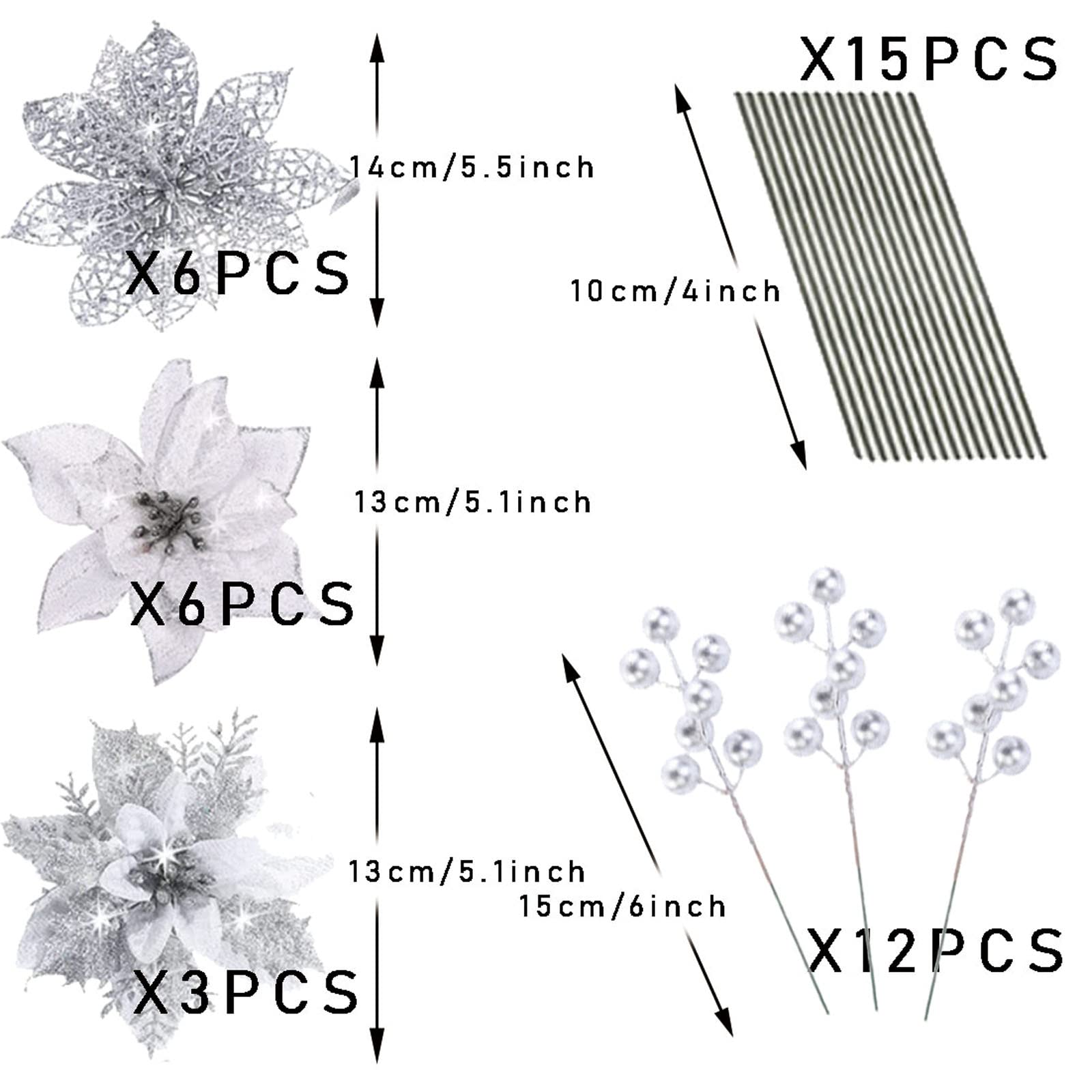 Amazon｜Felictime シルバー ポインセチア クリスマス 造花 ヒイラギの