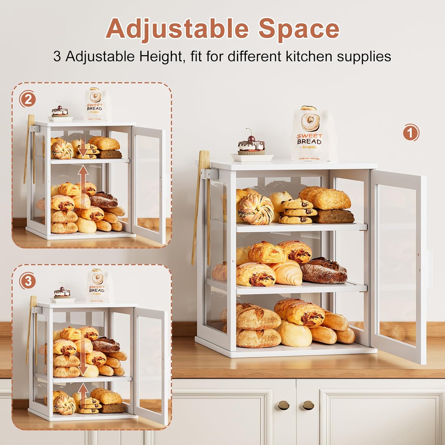 WOWLIVE Bread Box for Kitchen Countertop, Large 3 Layers Bread Storage Container for Homemade Bread with Window, Farmhouse Breadbox Organizer for Kitchen, Cabinet, Pantry (White, Extra Large)