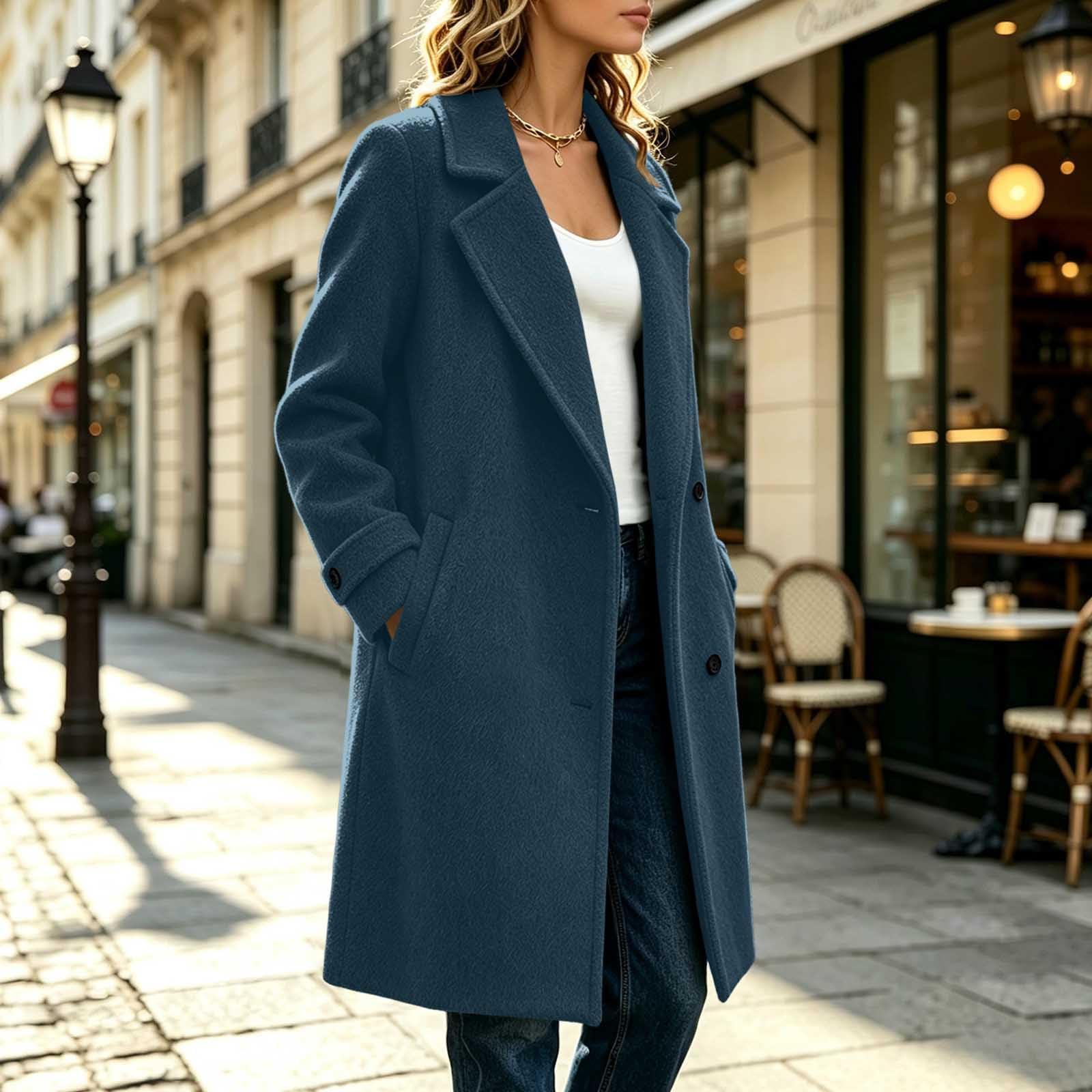Wollmantel Damen Winter Wollwalk Jacke Mittellang Coat Reverskragen