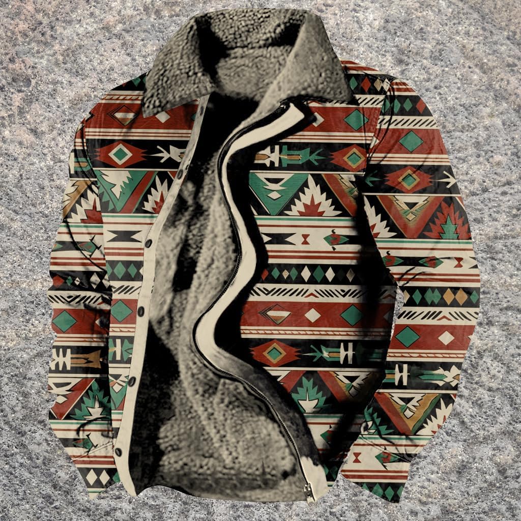 Mens Aztec Fleece Jacket Vintage Ethnic Sherpa Lined Zip up Jacket Fashion Winter Warm Collared Western Coat