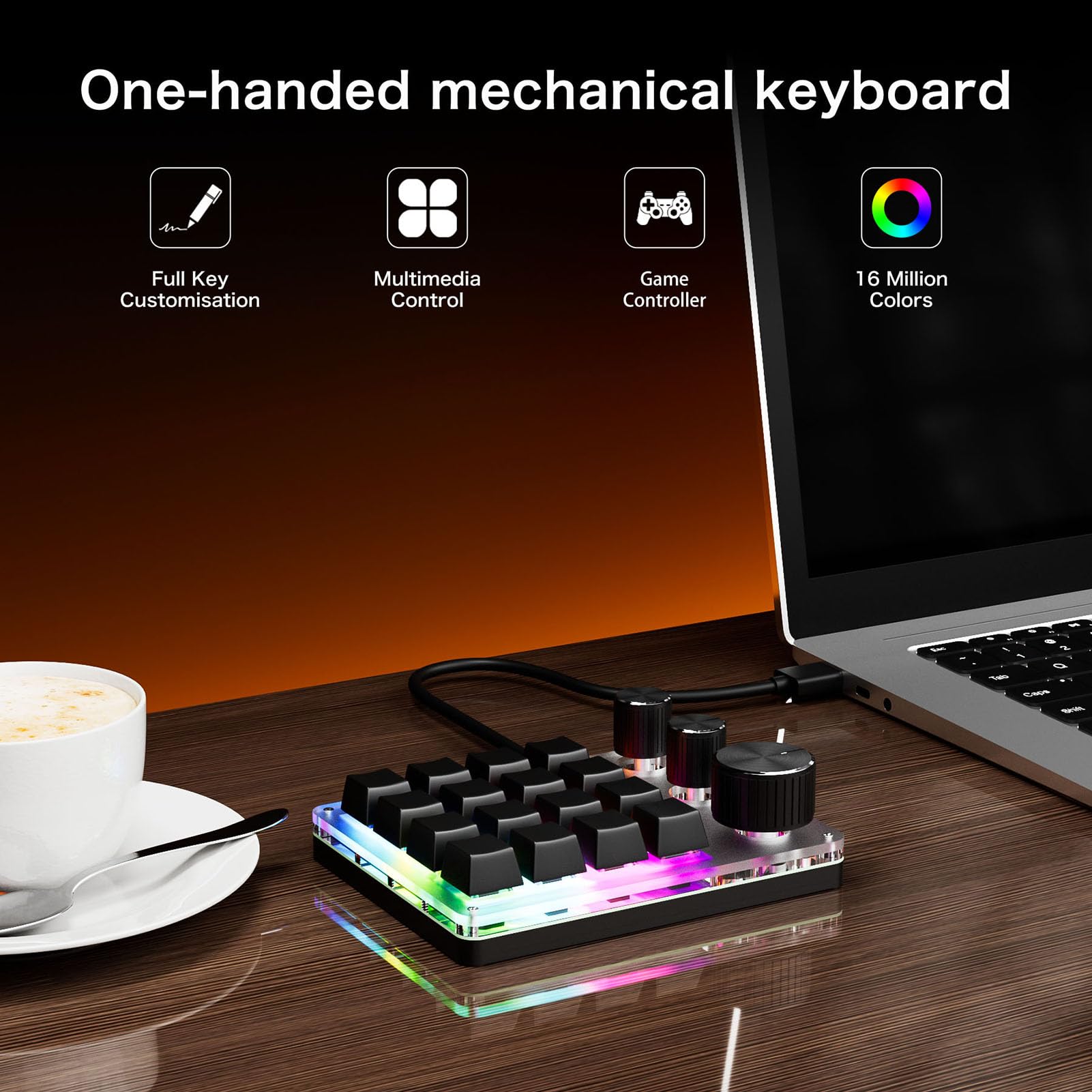 Tosuny Tastiera Macro Programmabile, Tastiera da Gioco Bluetooth a 16 Tasti con 3 Manopole e Controller del Volume, Macro OSU Retroilluminata a LED RGB per Wins, OS X (con (BLACK)