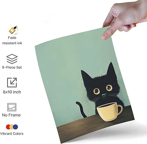 Miniatura 2 de Yaneiro Divertido arte de pared de gato negro abstracto para beber café, lindo retrato de gato negro, decoración de pared, póster de lienzo adecuado