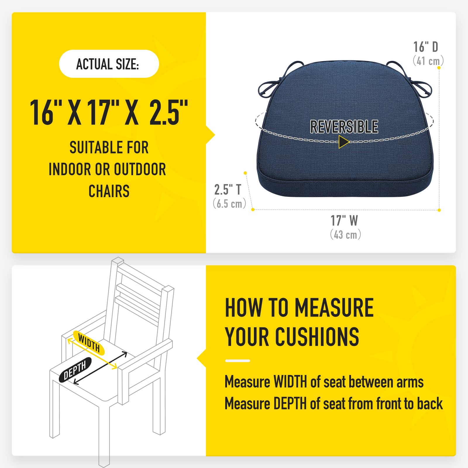 SUNROX Gel Memory Foam Chair Cushions, FadeShield Water-, Stain-Resistant Durable Reversible Seat Cushion Pads with Ties for Indoor/Outdoor Kitchen Dining Office, 17"x16", Set of 4, Navy