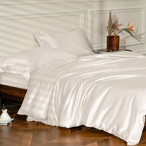 THXSILK Juego de funda de edredón de seda de 25 momme, 4 piezas (1 funda de edredón + 1 sábana bajera + 2 fundas de almohada), juego de ropa de cama