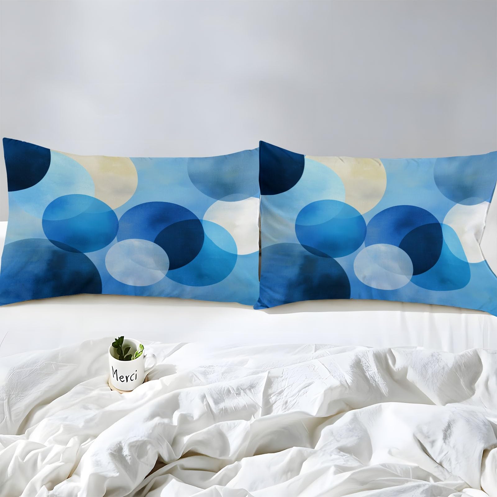 Niebieskie prześcieradło z gumką 90 x 190 cm Minimalistyczne okrągłe geometryczne wzory, miękkie i można prać w pralce elastyczne prześcieradło pod narożnikami do wysokości materaca do 30 cm