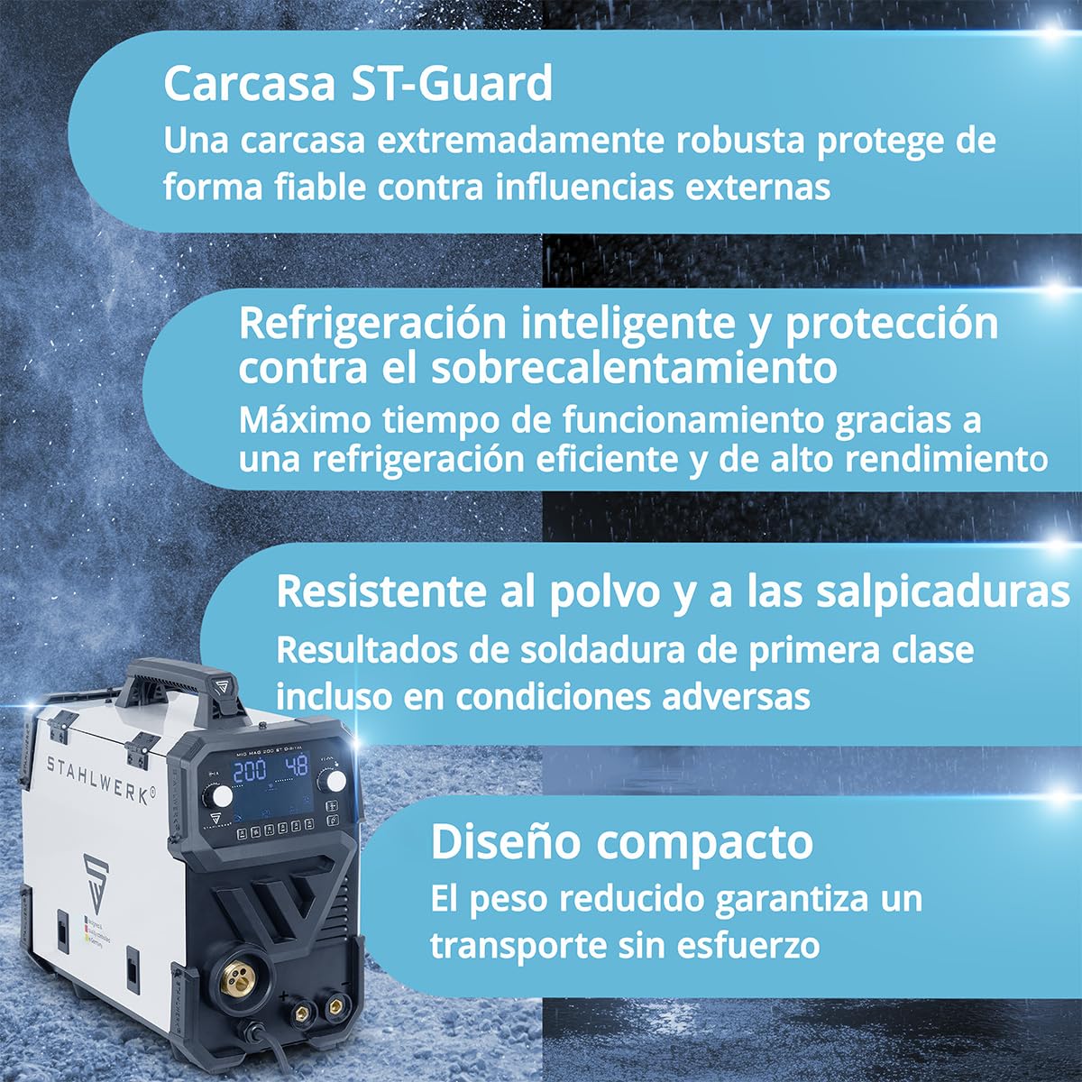 STAHLWERK Soldador MIG/MAG 200 ST Digital – Máquina de soldar | Inverter con 200 A, MMA (Electrodo/ARC), FLUX (hilo hueco), posibilidad de soldar sin gas, Spot, avance de hilo sinérgico