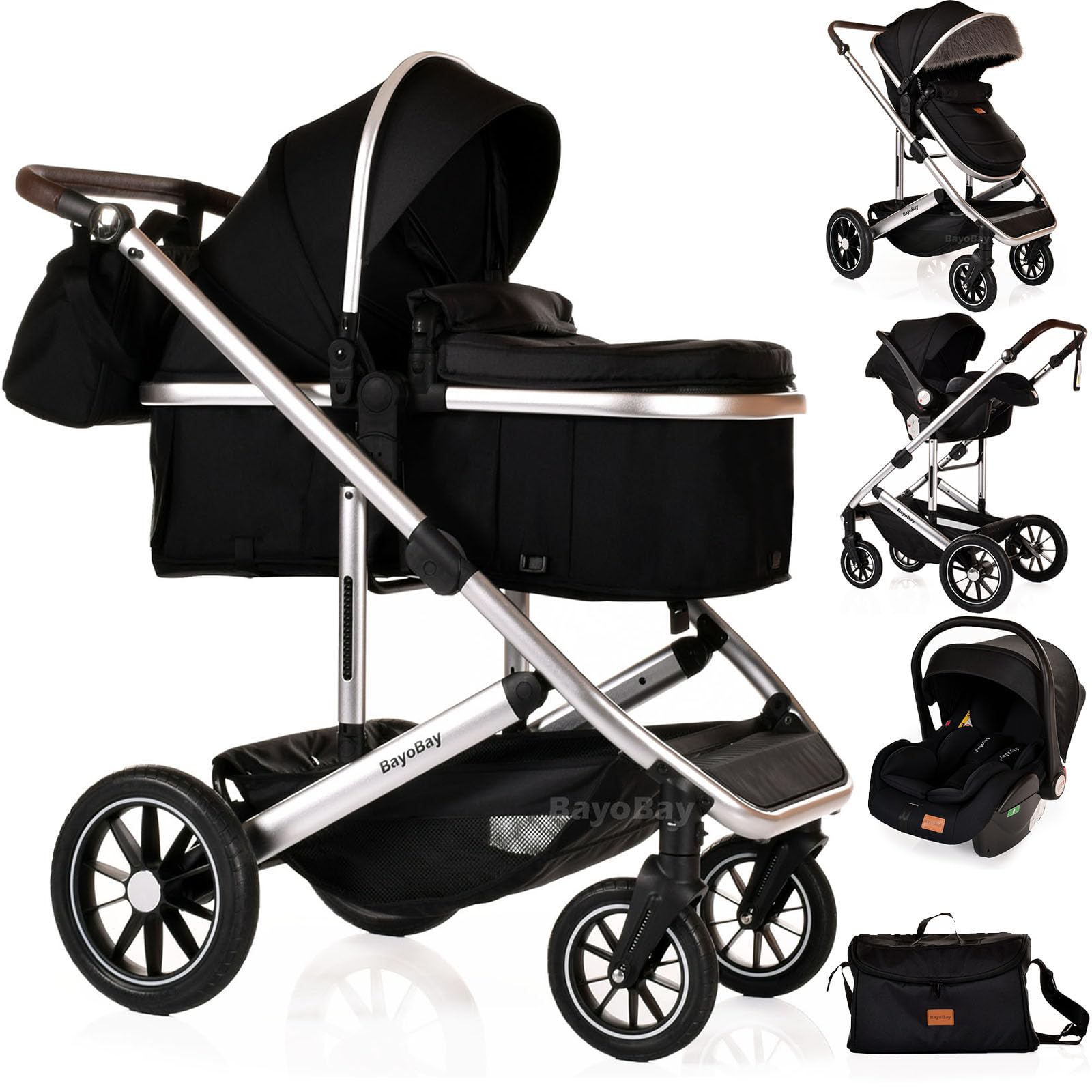 Baby Pram & Pushchair Travel System 3 in1 with Car Seat - Lightweight Folding Buggy Stroller for Newborns 0-36 Months (Black Silver - Lite Frame & Swap Canopy (Fur & Plain))
