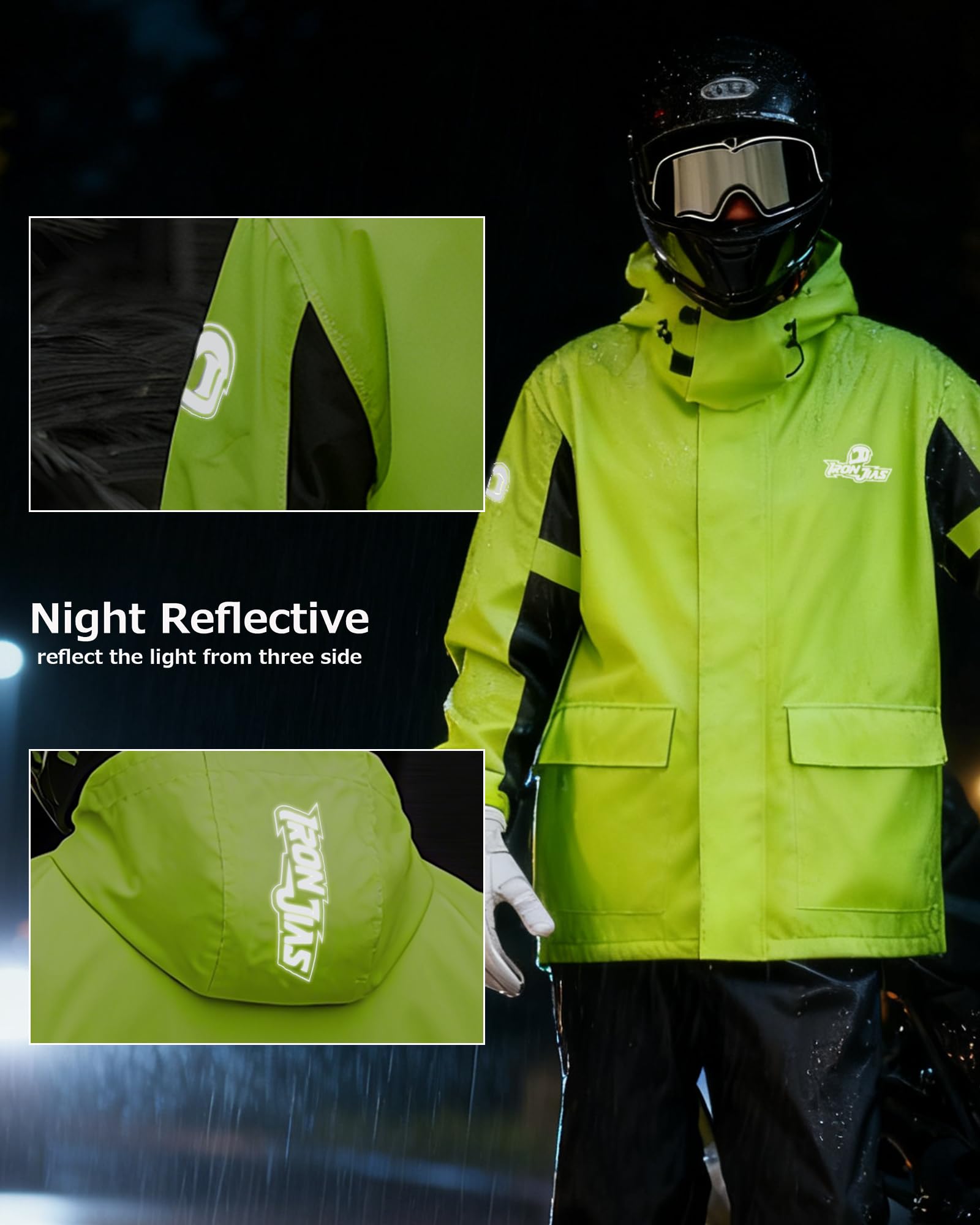 IRON JIA’S Regenanzug Herren Motorrad Regenjacke Wasserdichter Winddicht Atmungsaktiver Reflektierender mit Kapuze mit Reißverschluss Hochwertige Outdoor Regenmantel-Grün-XXL