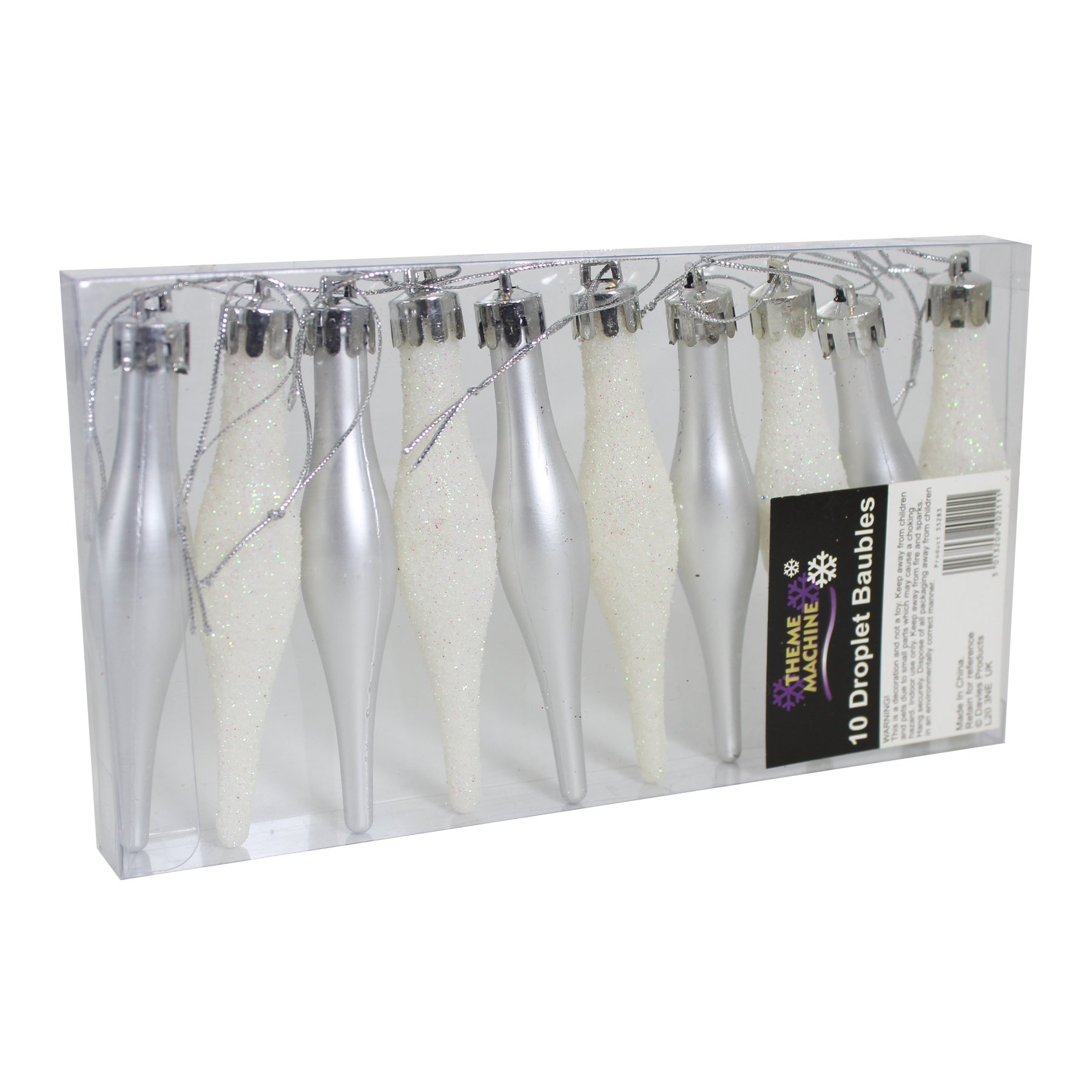 Theme Machine Silver,White Christmas Decoration 10 Pack 90Mm Glitter/Plain Droplets - Silver & White