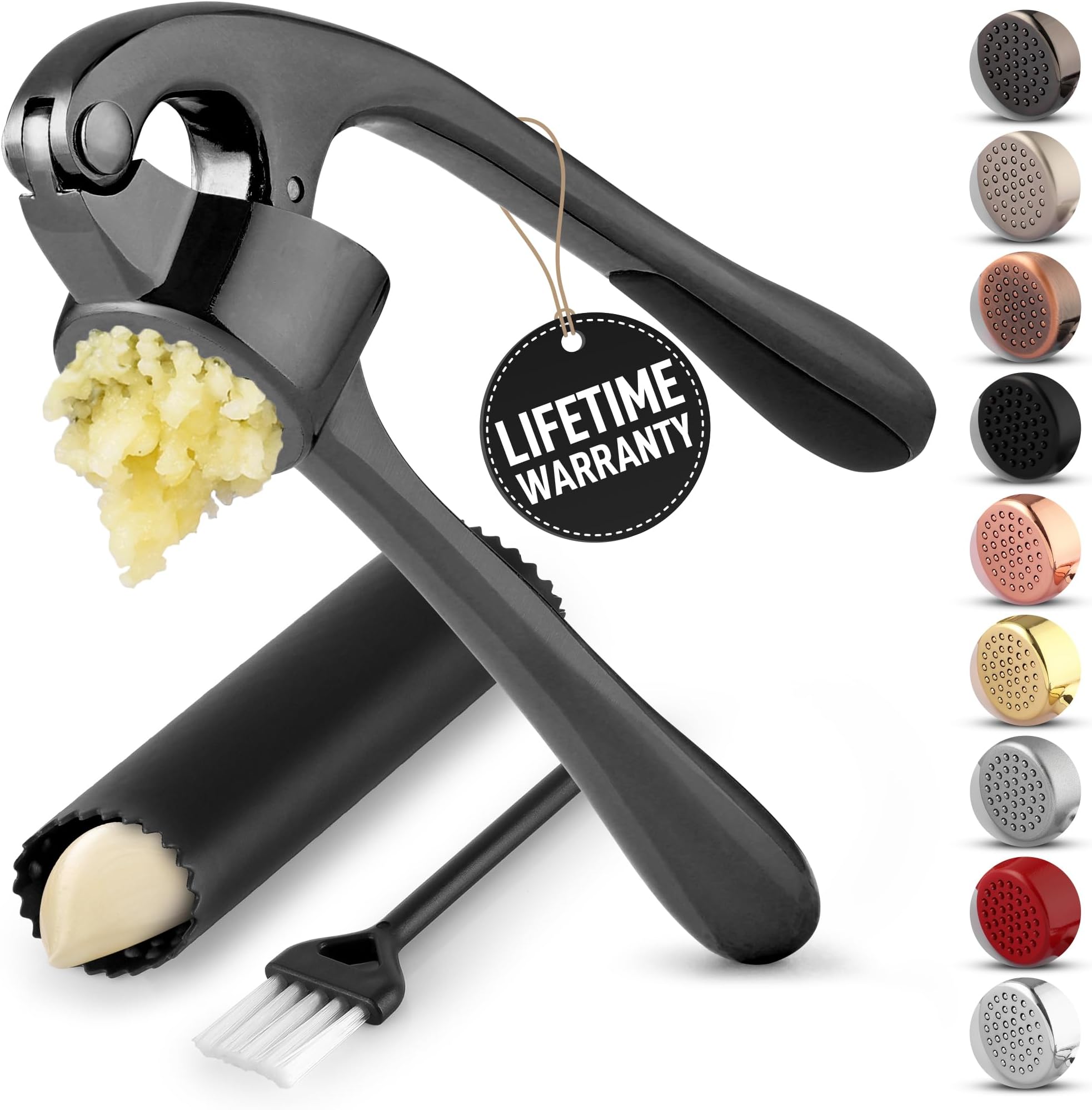 Zulay Kitchen Premium Garlic Press Set - Rust Proof Professional Garlic Mincer Tool - Easy-Squeeze, Easy-Clean with Soft, Ergonomic Handle - Silicone Garlic Peeler & Brush-Dark Gray