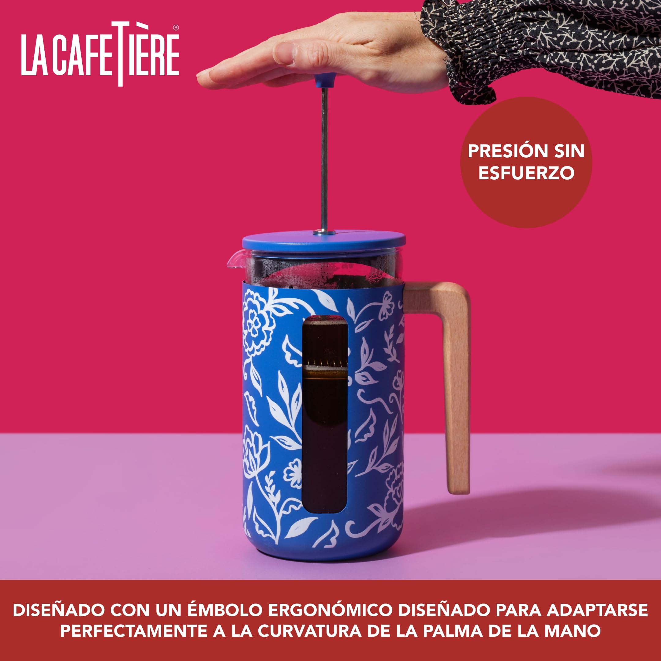 La Cafetière Pisa - Cafetera grande de prensa francesa de 8 tazas con diseño floral, cerámica resistente al calor de 1 L con émbolo de fácil agarre, ideal para té suelto y café molido, Blu Fiorato
