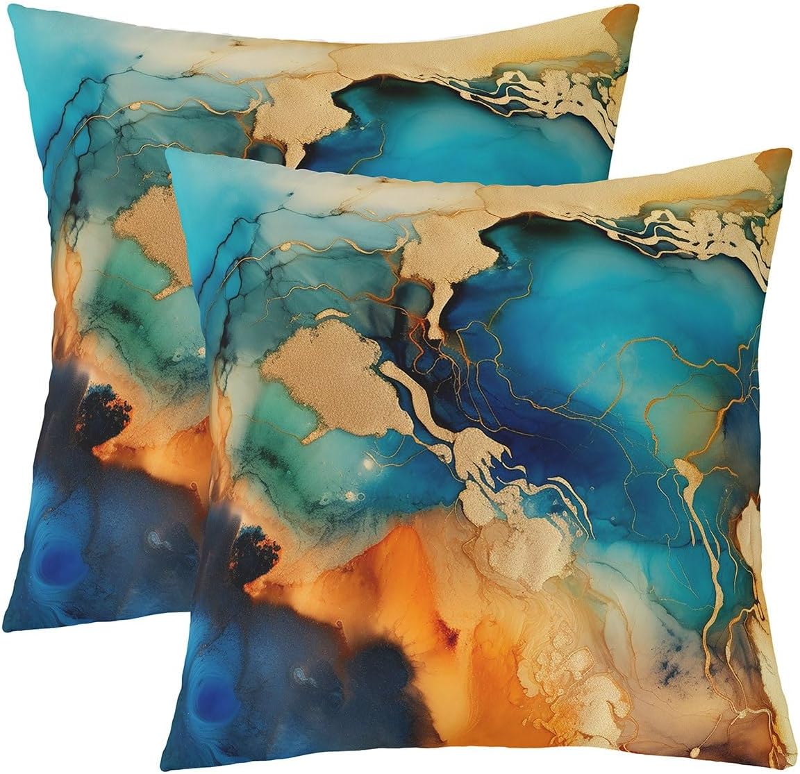 Gold Blue Marble Pillow Cases Cushion Covers Modern Marble Aesthetic Throw Pillow Covers 24"x24" Set of 2 Retro Watercolor Artwork Design Decorative Throw Pillowcases Abstract Marble Cushion Cases