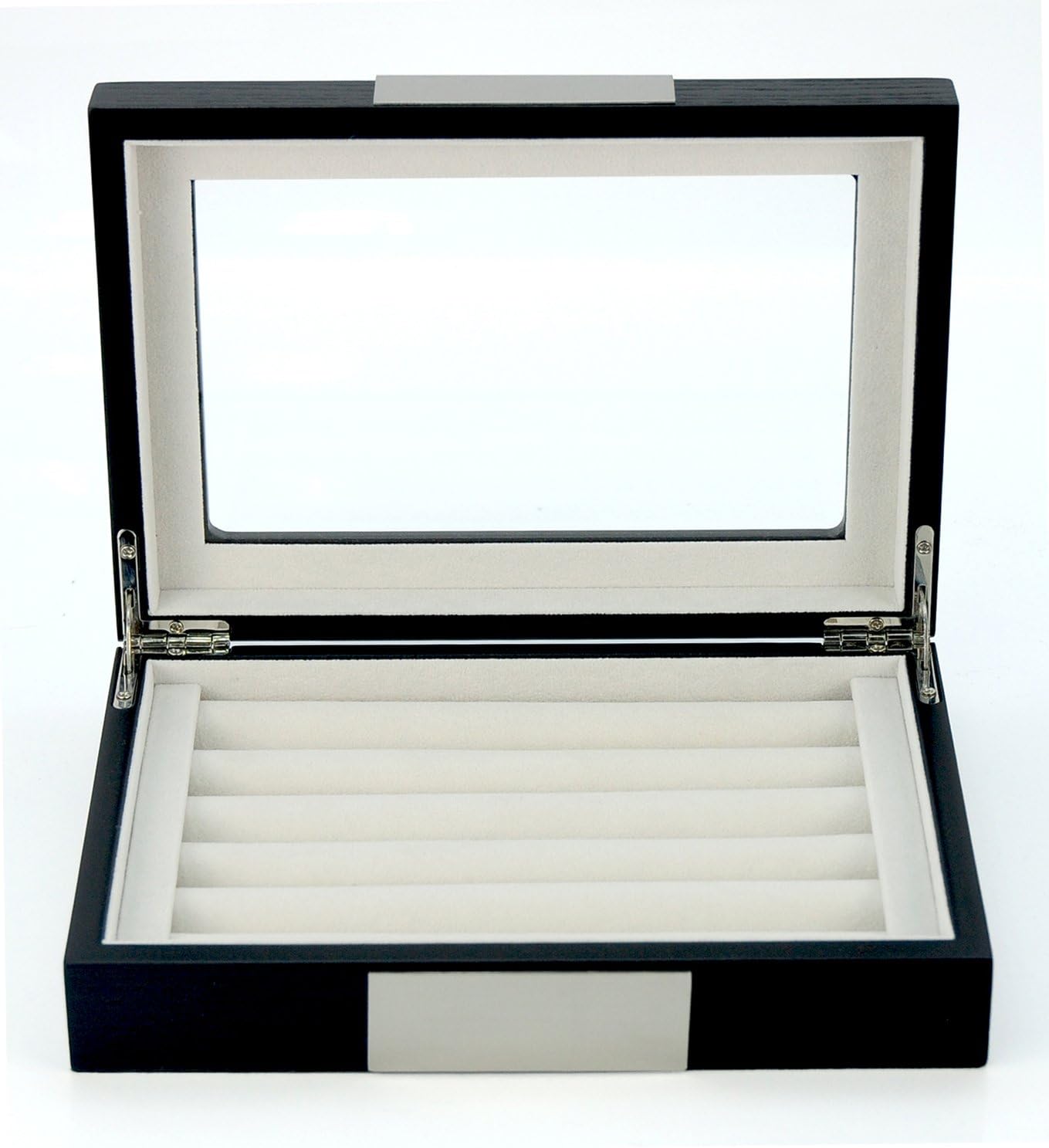 TIMELYBUYS Black Ebony Wood Cufflink Case & Ring Storage Organizer with Stainless Steel Engravable Design Accent Men's Jewelry Box for 20 Cufflinks