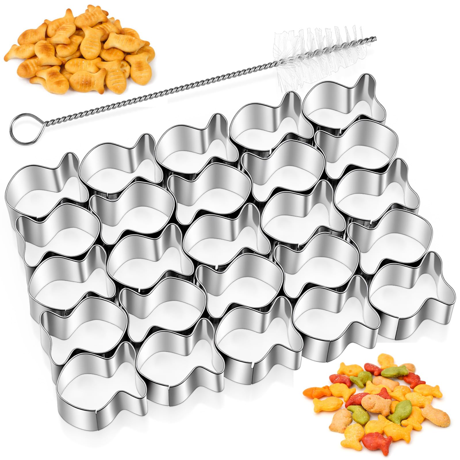 25 Pcs Goldfish Cutter, Stainless Steel Gold Fish Cutter, Silver Small Cookie Cutters with Cleaning Brush for Baking Snack Cookies, Non-Stick Dough