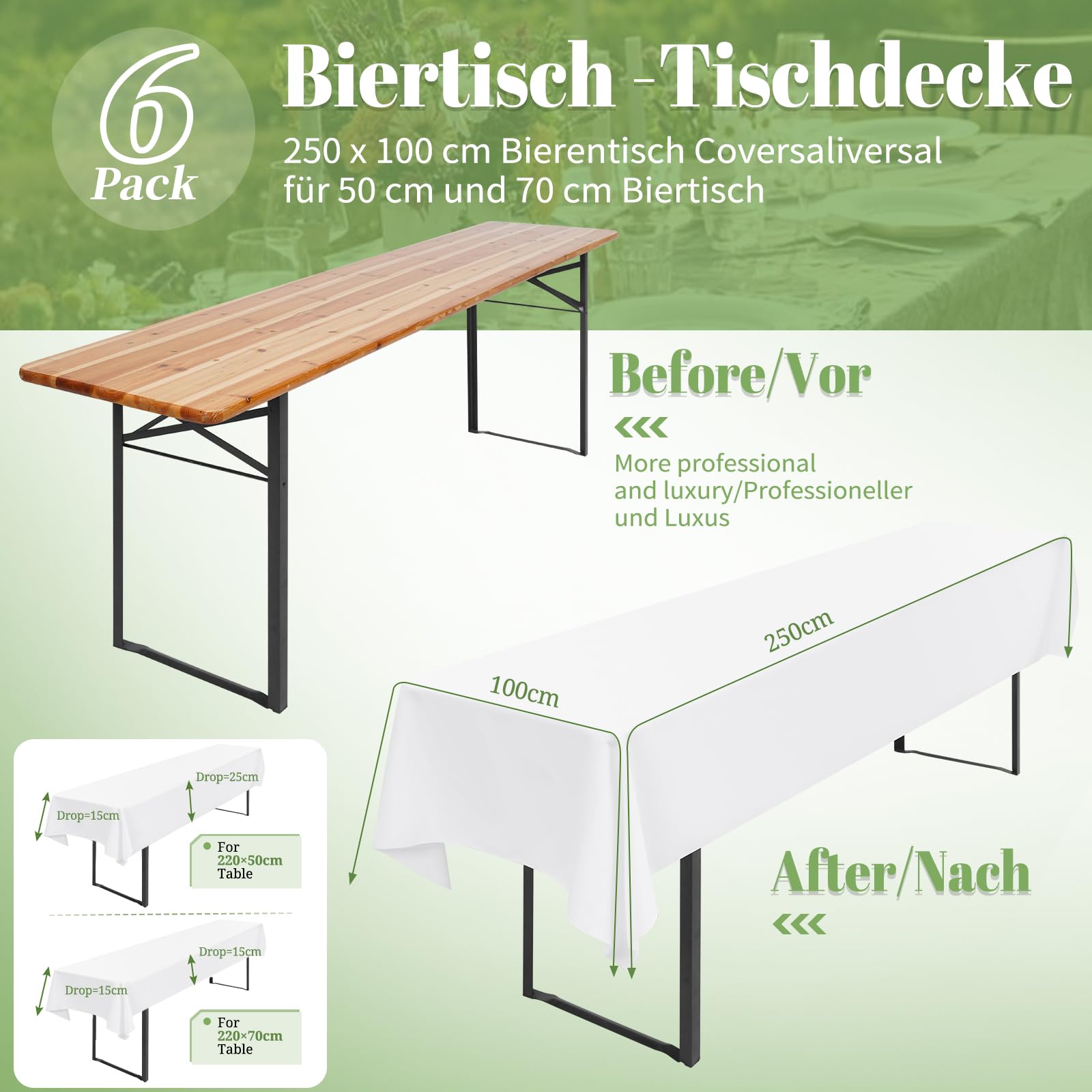 Pesonlook Paquete de 6 manteles de Mesa de Cerveza Blanca, 250 x 100 cm, Mantel Universal para Mesa de Cerveza de 50 cm y 70 cm, Mantel Rectangular de poliéster Lavable para Fiestas al Aire Libre | Mantel universal para mesa de cerveza de 50 cm y 70 cm, l