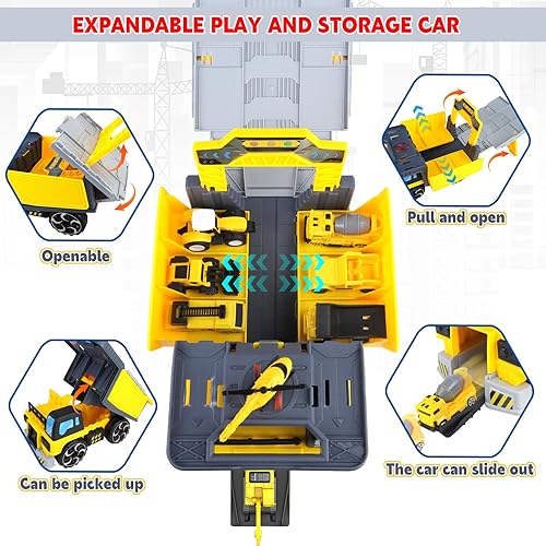 Miniatura 3 de CORPER TOYS Juego de juguetes de camiones de construcción para niños con mapa de reproducción, señal de tráfico, grúa y 9 vehículos de ingeniería