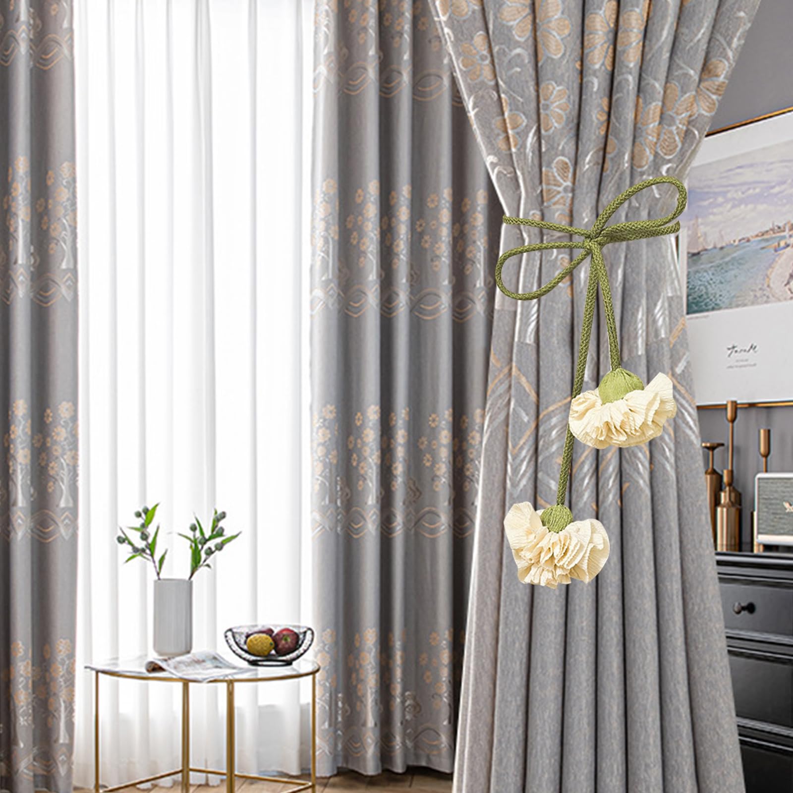 4 Pièces Embrasses Pour Rideaux Fleur Beige - Attaches Élastiques Créatives Et Élégantes
