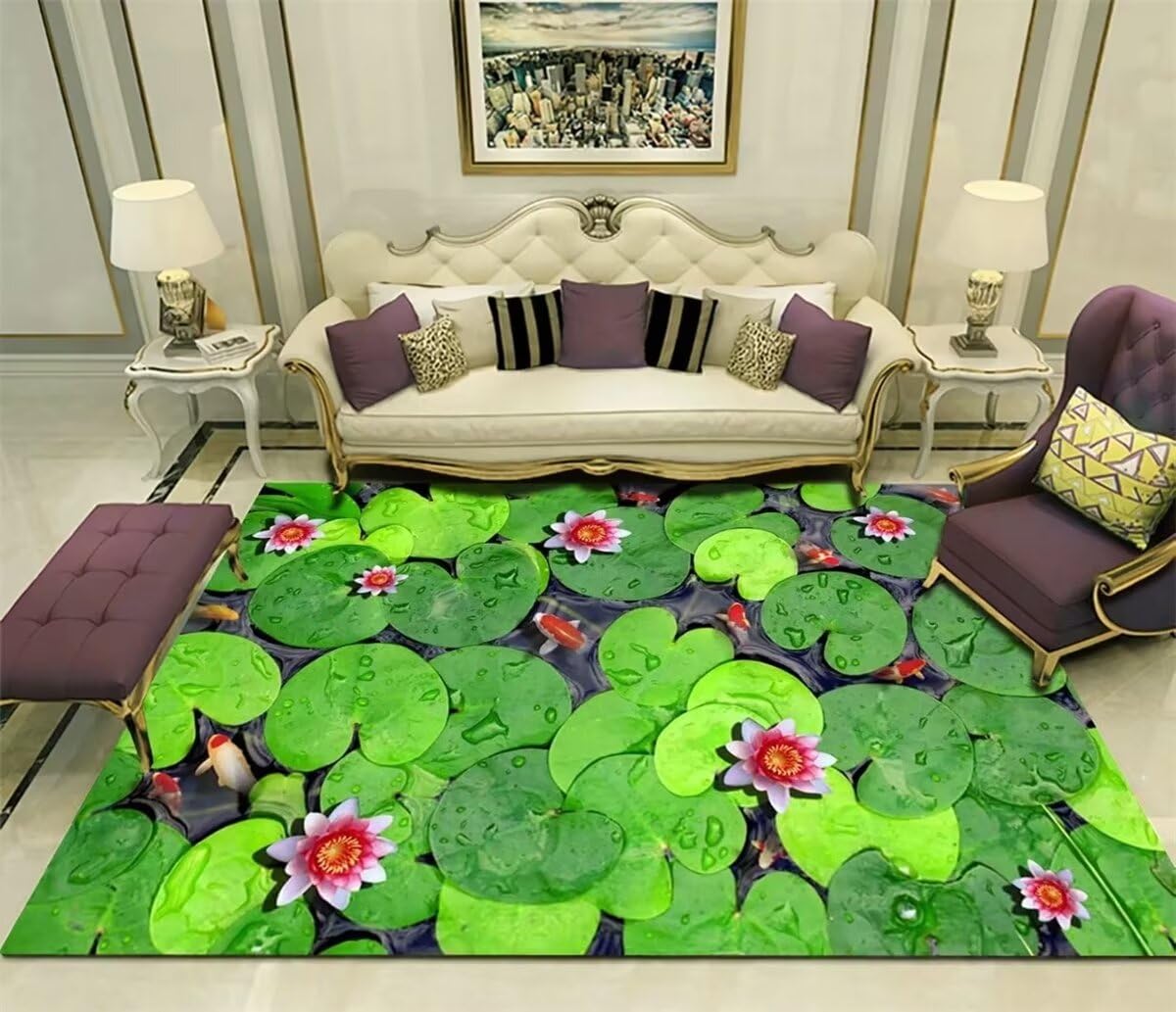Tapis de chambre feuille de lotus verte pour créer un coin de jeu nature et lavable 200X300CM