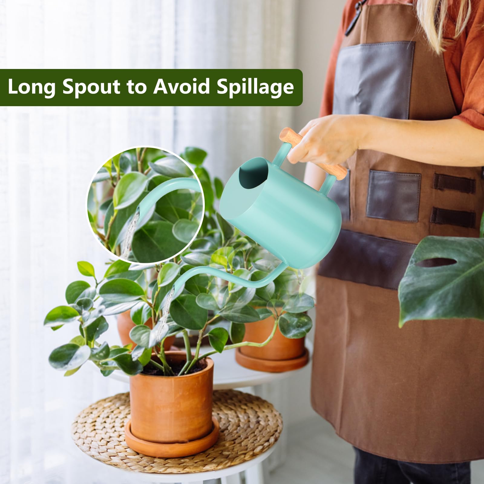 Gießkanne Zimmerpflanzen, 1000 ml, kleine Gießkanne für den Innenbereich, Edelstahl, Metall, moderne dekorative Gießkanne mit langem Auslauf für Zimmerpflanze, Bonsai, Outdoor, Garten, Blumen – Grün