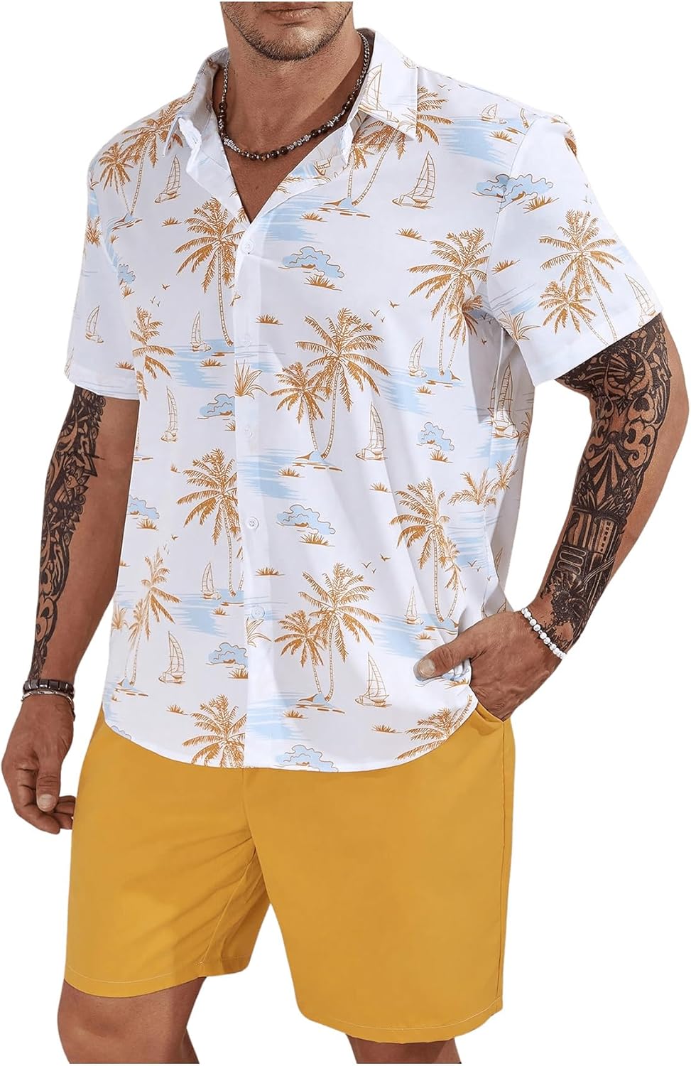 Men's Plus Size Hawaiian Matching Set Tropical Print Short Sleeve Button Down Shirt and Shorts Set Vacation Outfits