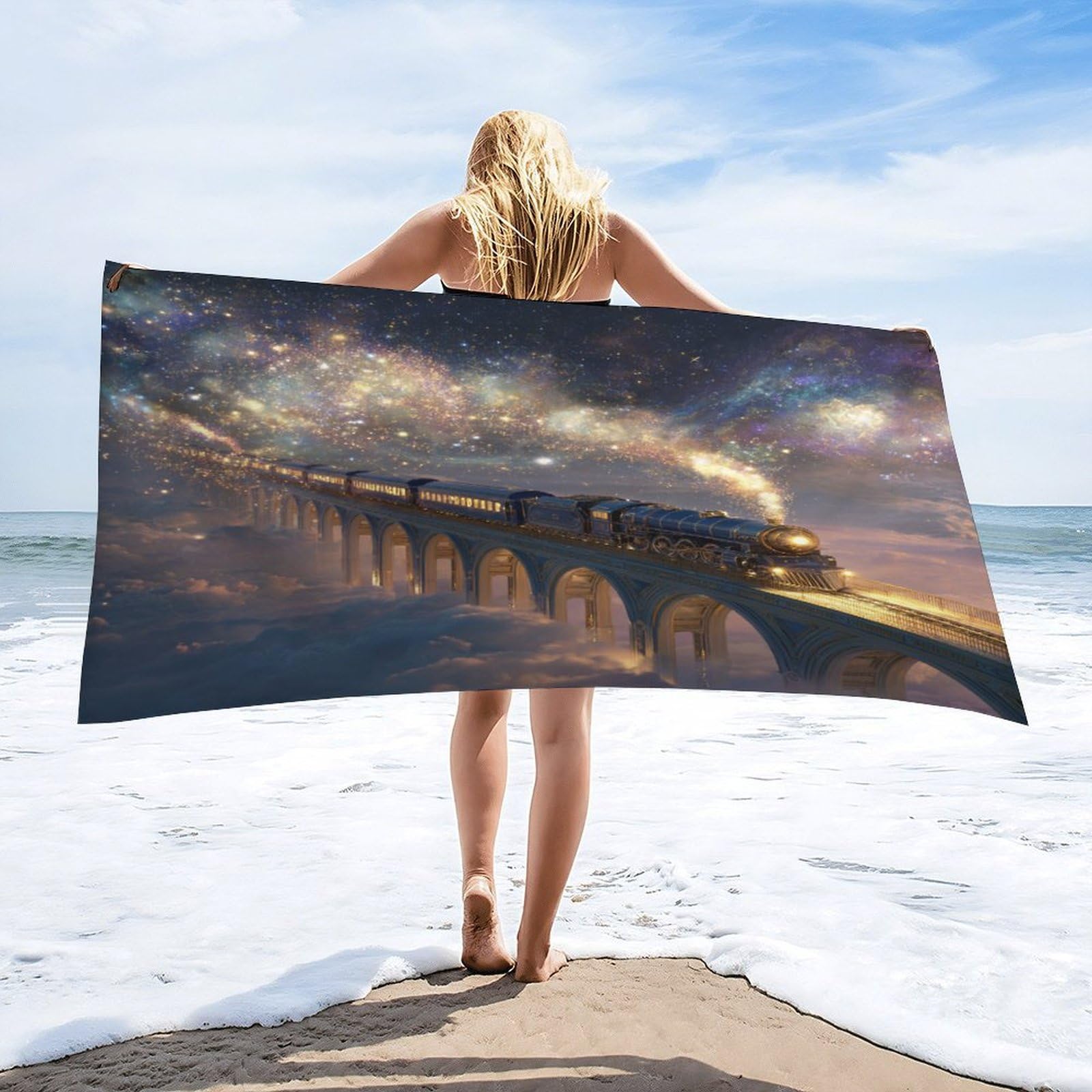Luyysky Retro Beautiful Antique Train Quick-Drying Beach Towel, Rustic Realistic Starry Sky Outer Space Galaxy Steam Train Travel Vacation Single Sided Pile Bathroom Towels-80 W Cm X 160" L Cm