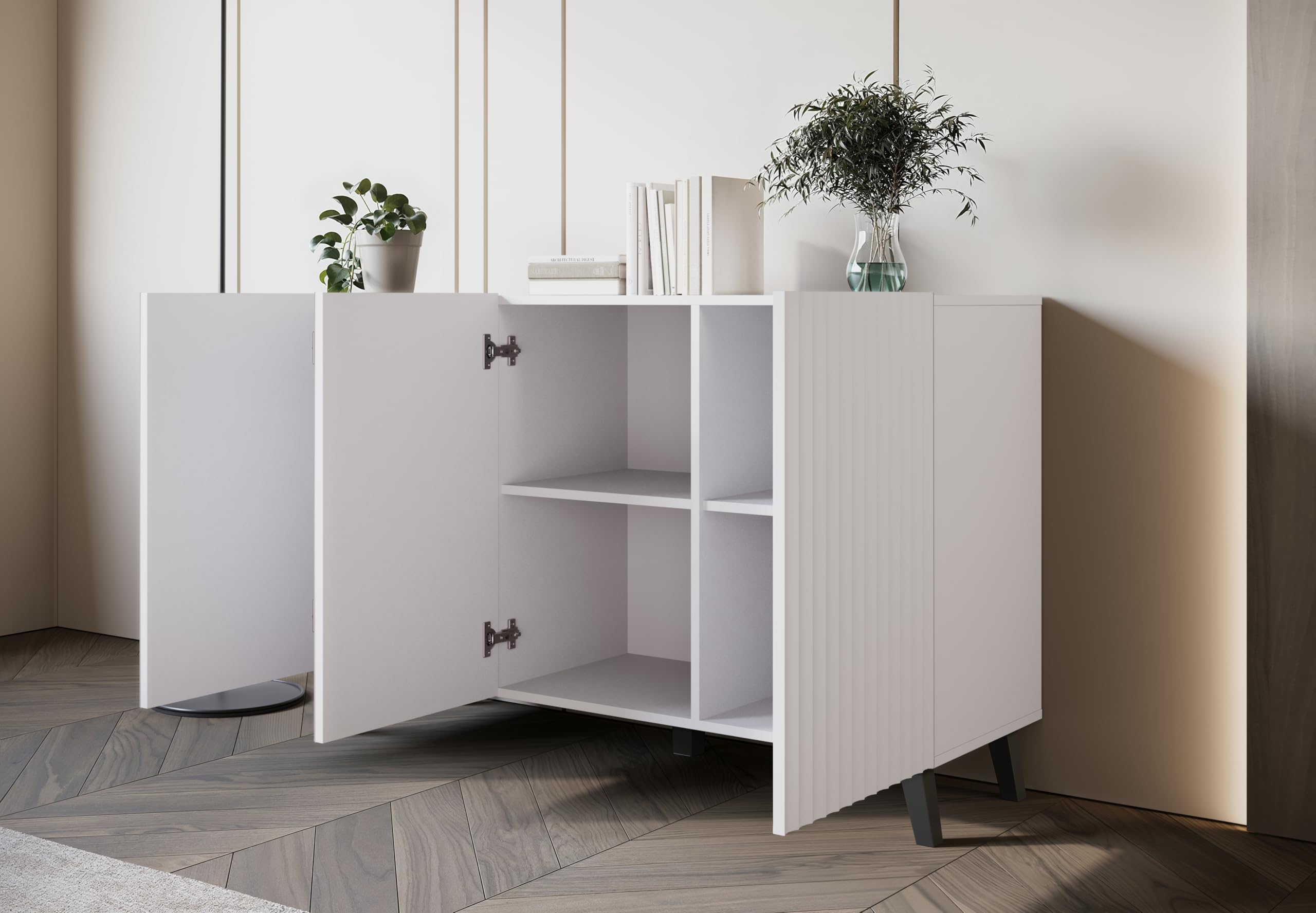 Phuket Sideboard 120 cm, Sideboard mit 3 Türen, Kommode mit Beinen, Wohnzimmermöbel, gewellte Fronten, weiß gewellt