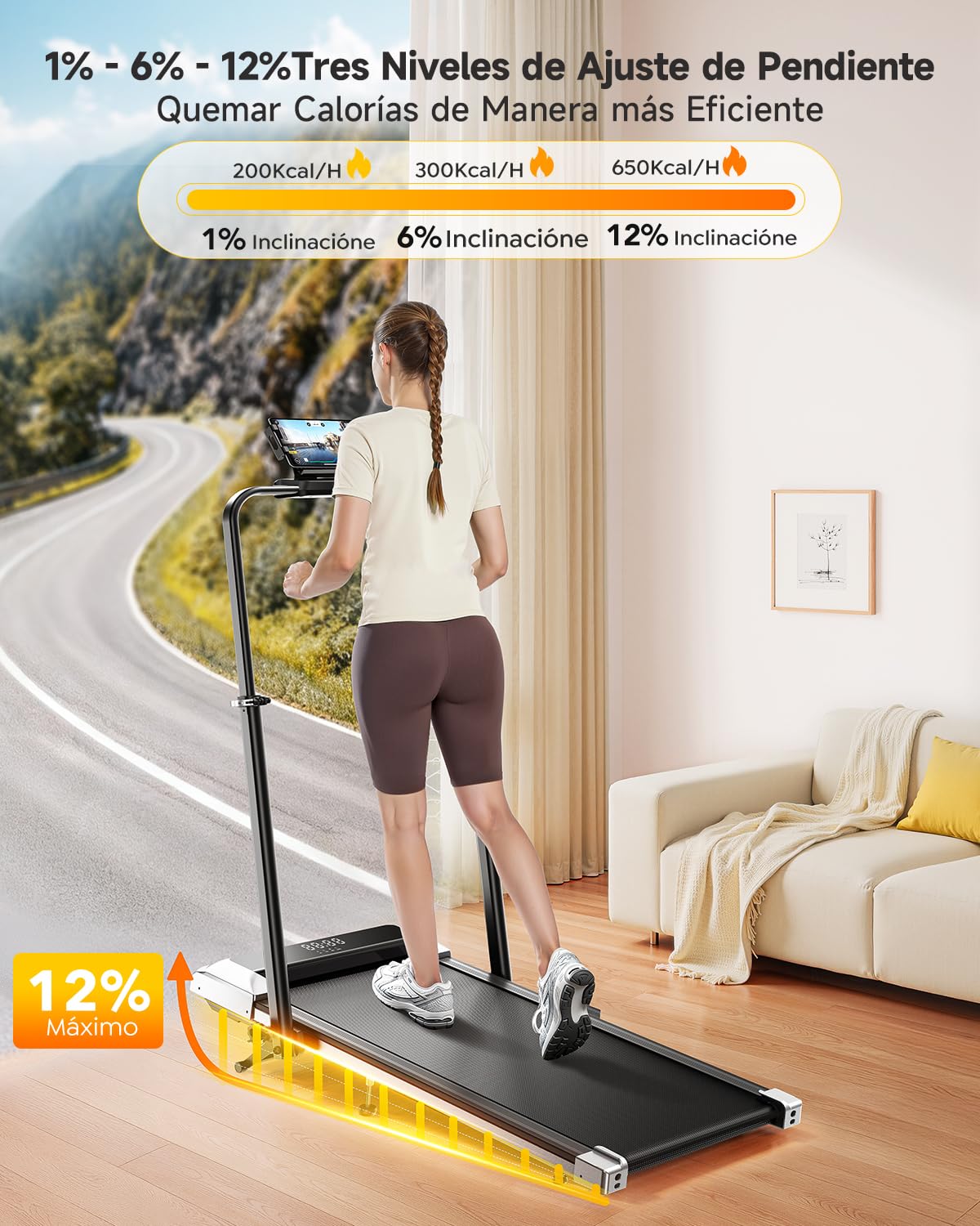 6 en 1 Cinta de Correr Plegable, 12% Inclinación Cinta de Correr, 12KM/H Cinta de Andar para Hogar/Oficina, 115 CM Pasamanos Telescópicos (95°&105° Ajustables), Remoto Silencioso, Pantalla LED, App