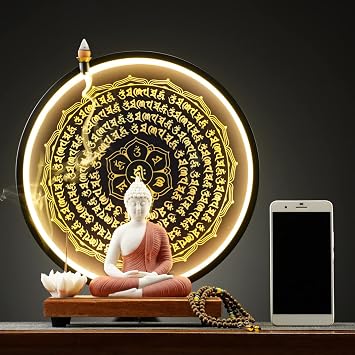 Houlu Red Buddha Statue and Circle LED Table Lamp, Ceramic Buddha Statue for Home Décor